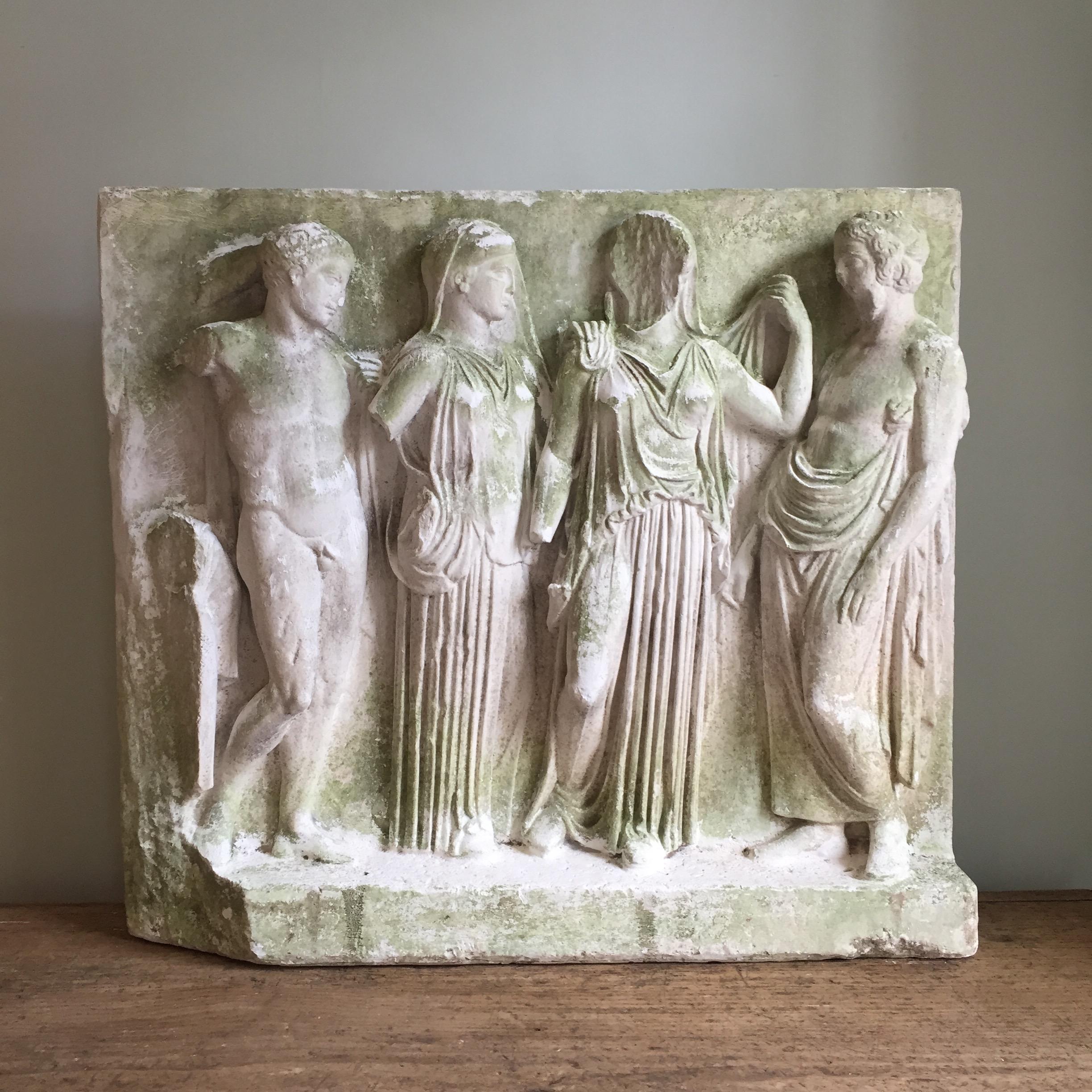 A beautifully, naturally weathered Roman relief in plaster. The frieze depicts four figures. There is some slight loss to the piece but the majority of the damage, such as to the faces, would have been apparent on the original.

To the side of the