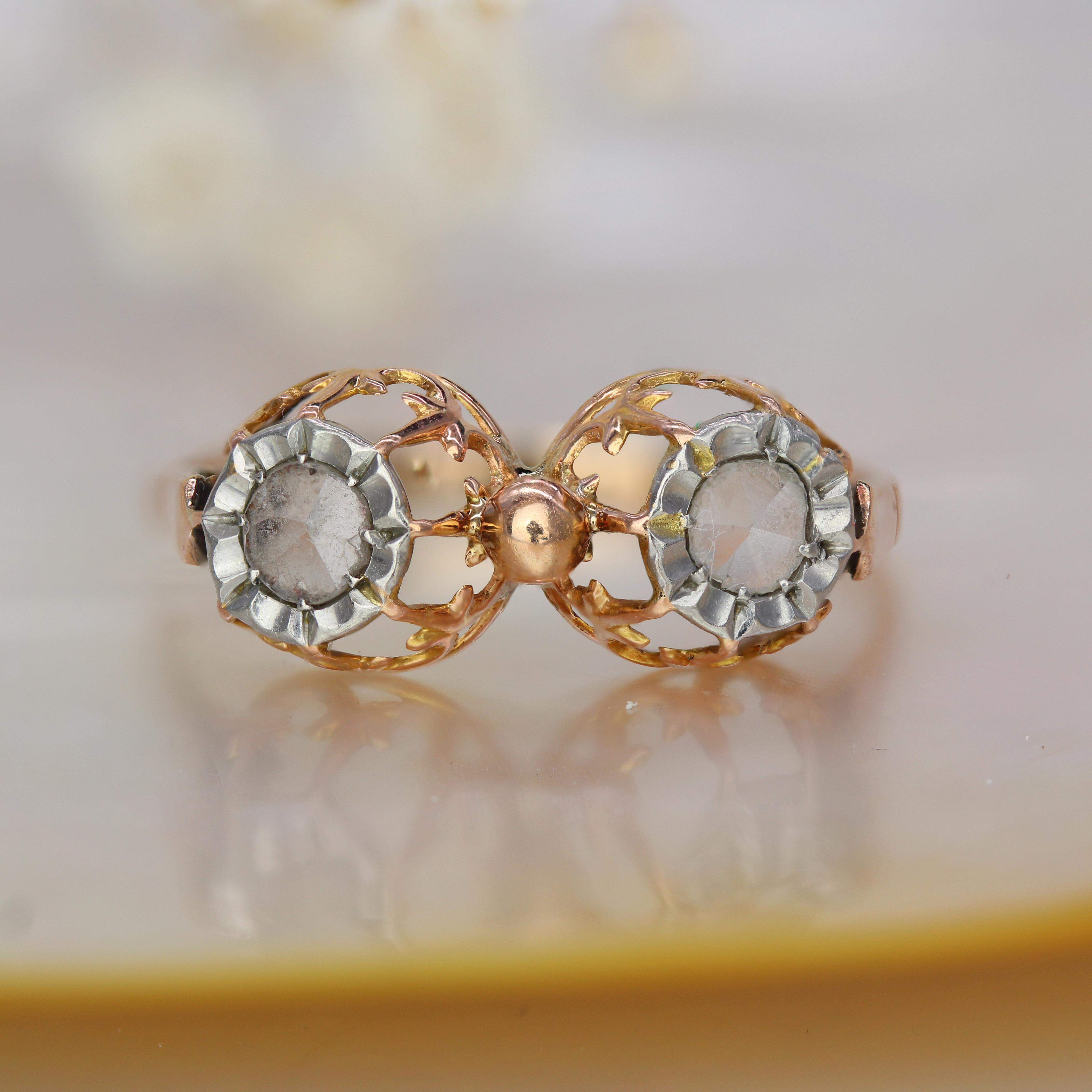 Belle Époque Bague duo en or rose 18 carats avec diamants taillés en rose du 20e siècle en vente