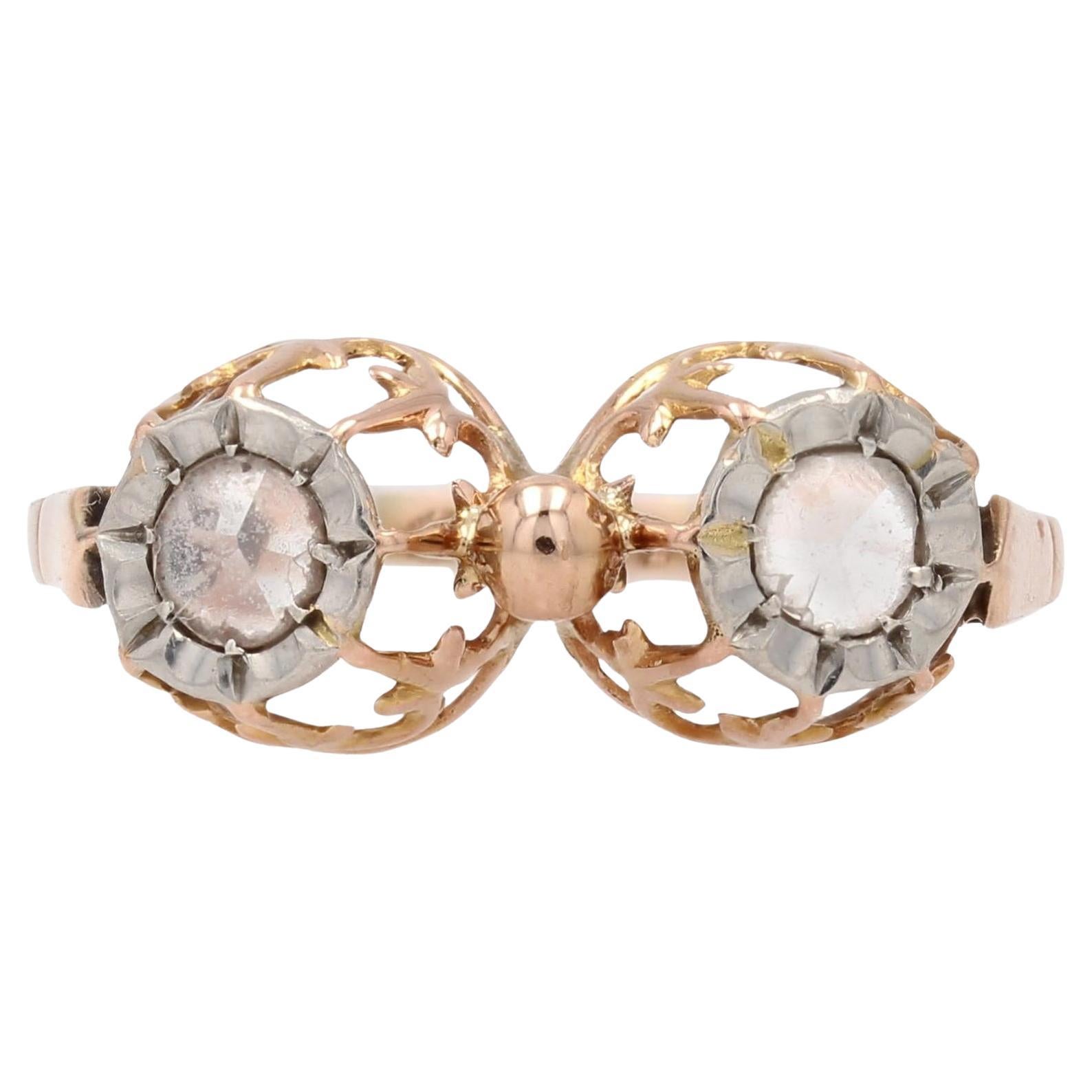 Bague duo en or rose 18 carats avec diamants taillés en rose du 20e siècle en vente