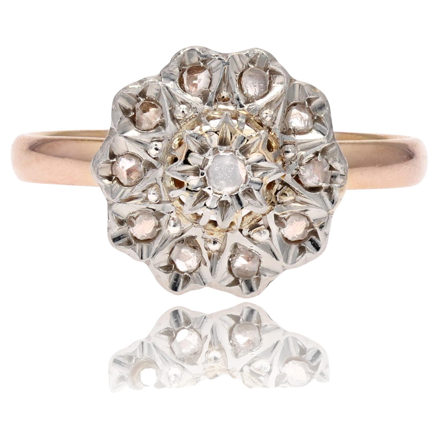 20th Century Rose- Cut Diamonds 18 Karat Rose White Gold Flower Ring For Sale