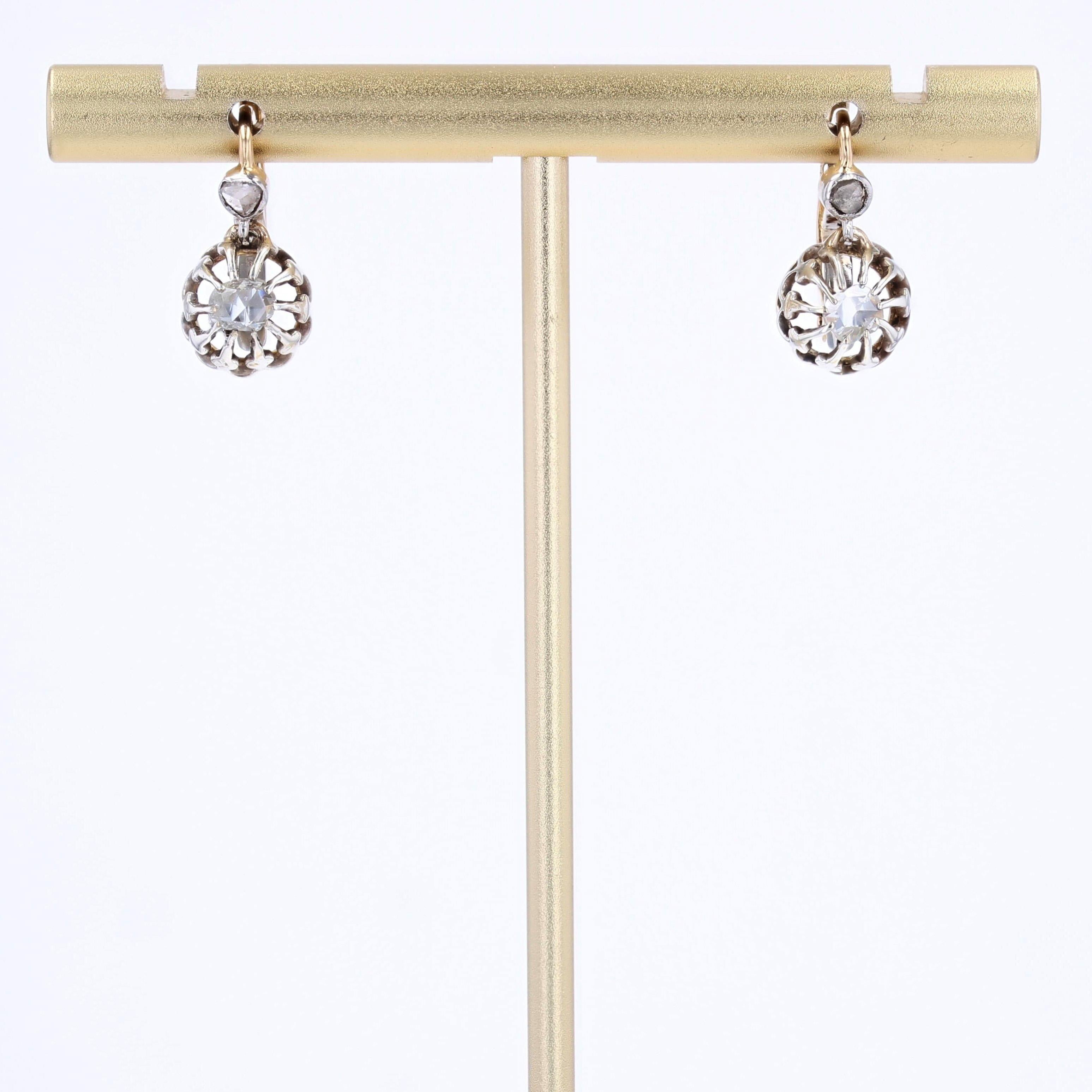 Pendientes de palanca de oro amarillo de 18 quilates con diamantes talla rosa del siglo XX en venta 5