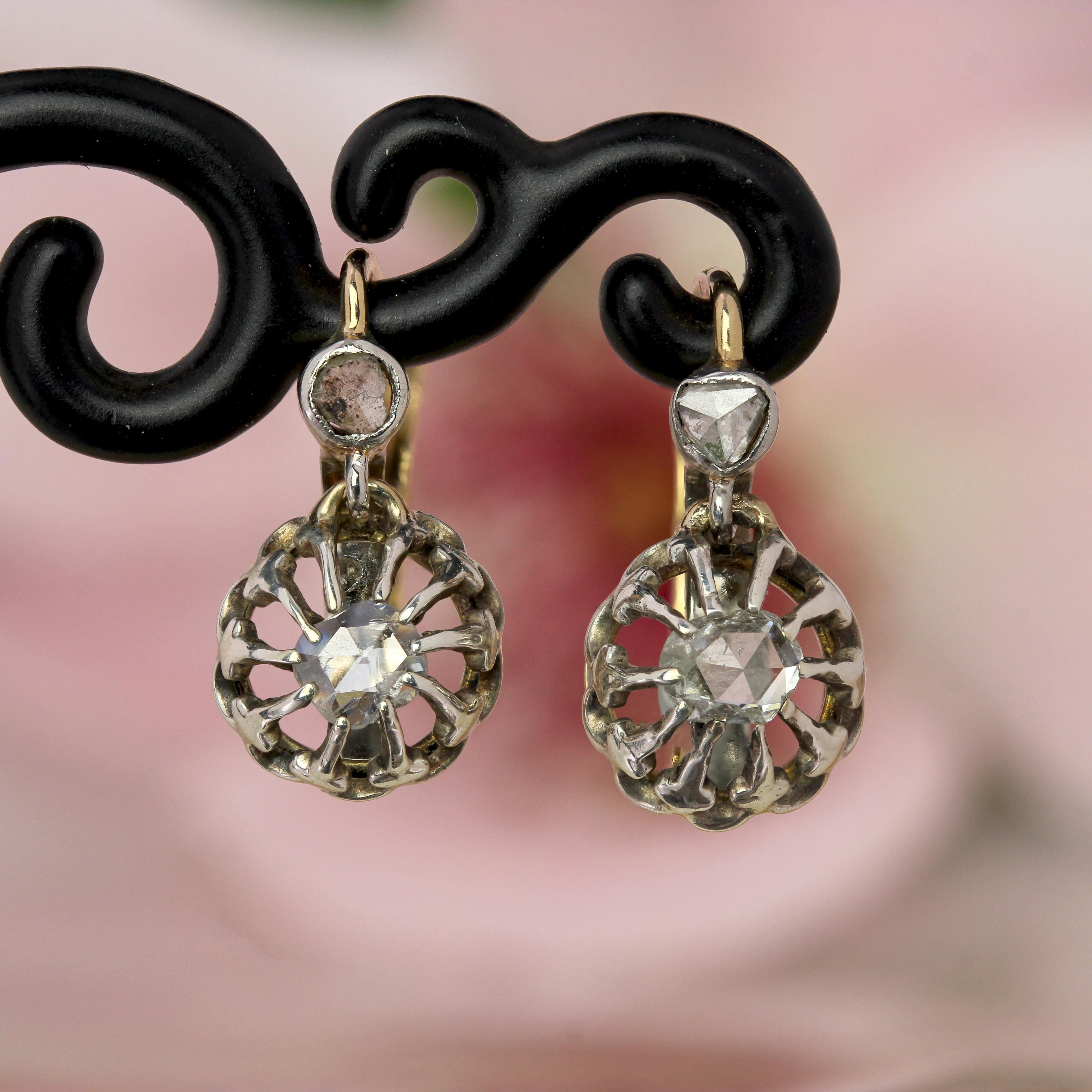 Pendientes de palanca de oro amarillo de 18 quilates con diamantes talla rosa del siglo XX Belle Époque en venta