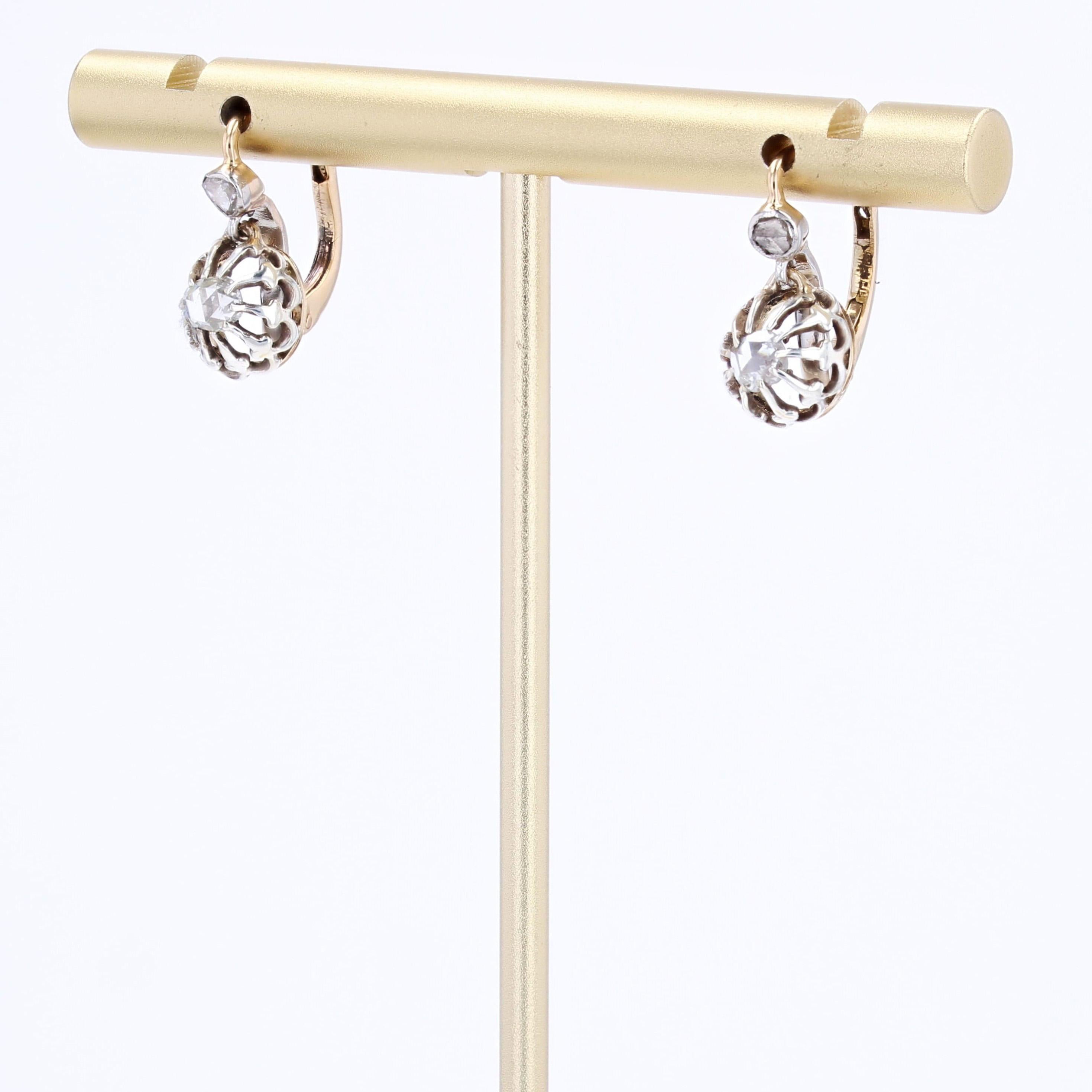Pendientes de palanca de oro amarillo de 18 quilates con diamantes talla rosa del siglo XX Corte rosa en venta