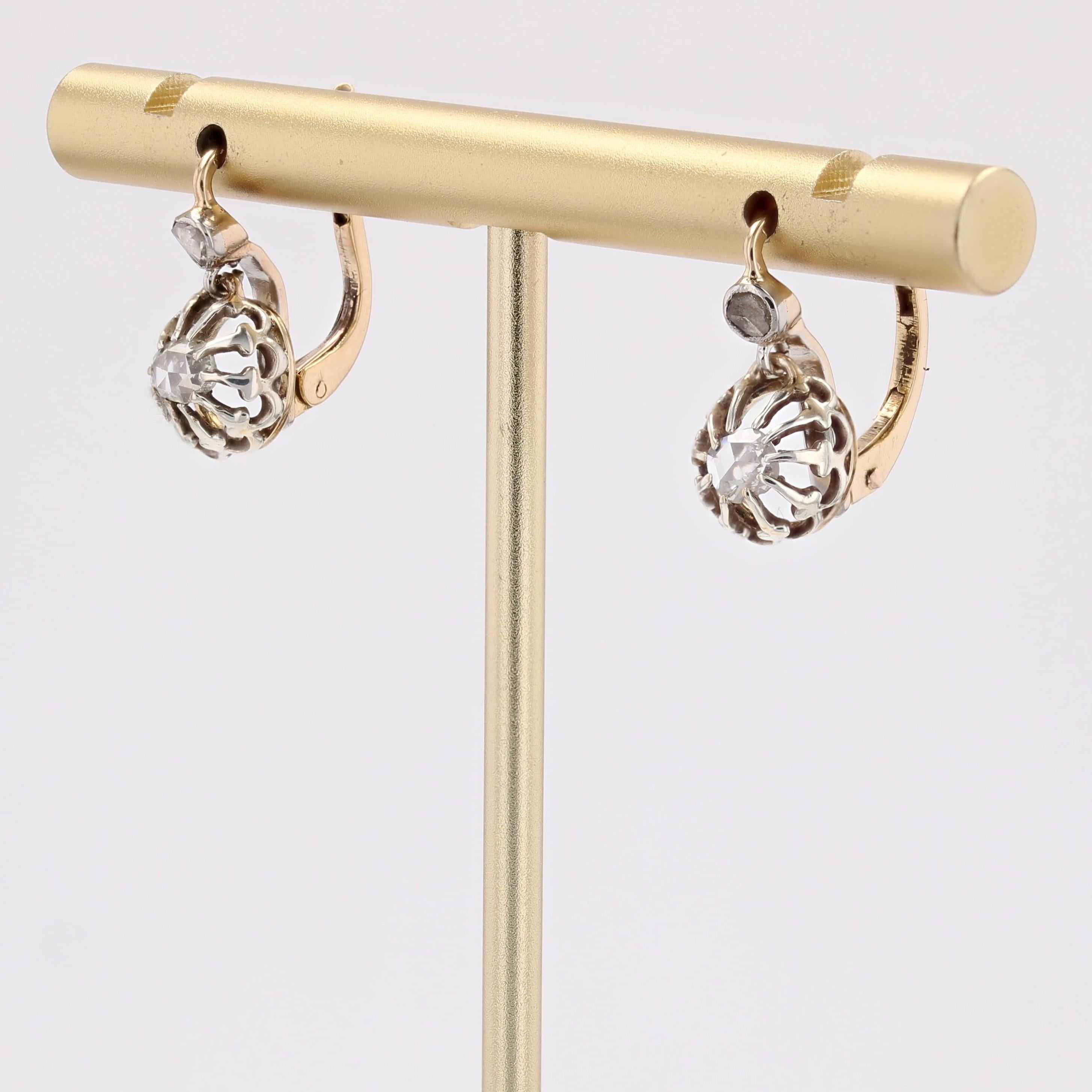 Pendientes de palanca de oro amarillo de 18 quilates con diamantes talla rosa del siglo XX en venta 2