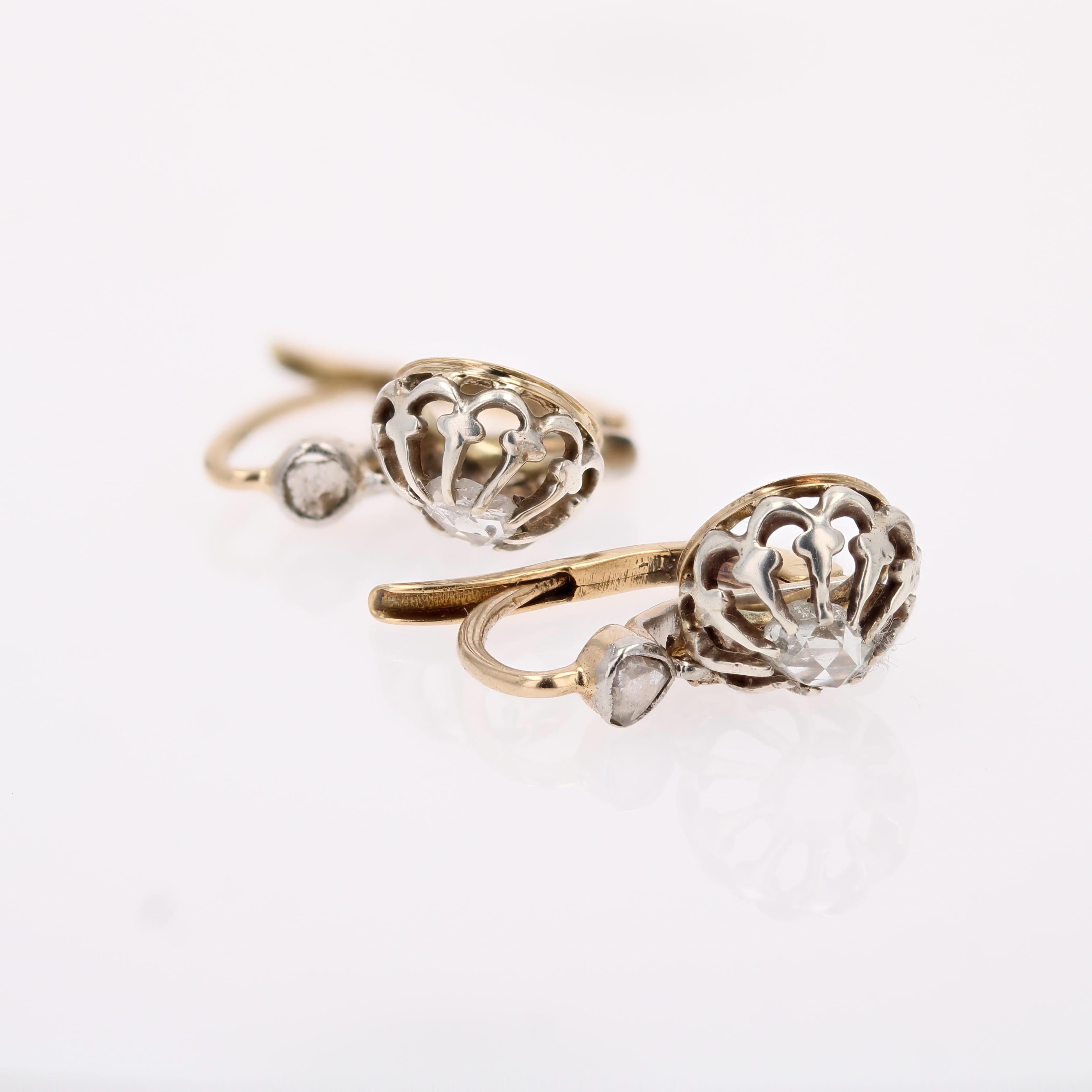 Pendientes de palanca de oro amarillo de 18 quilates con diamantes talla rosa del siglo XX en venta 3