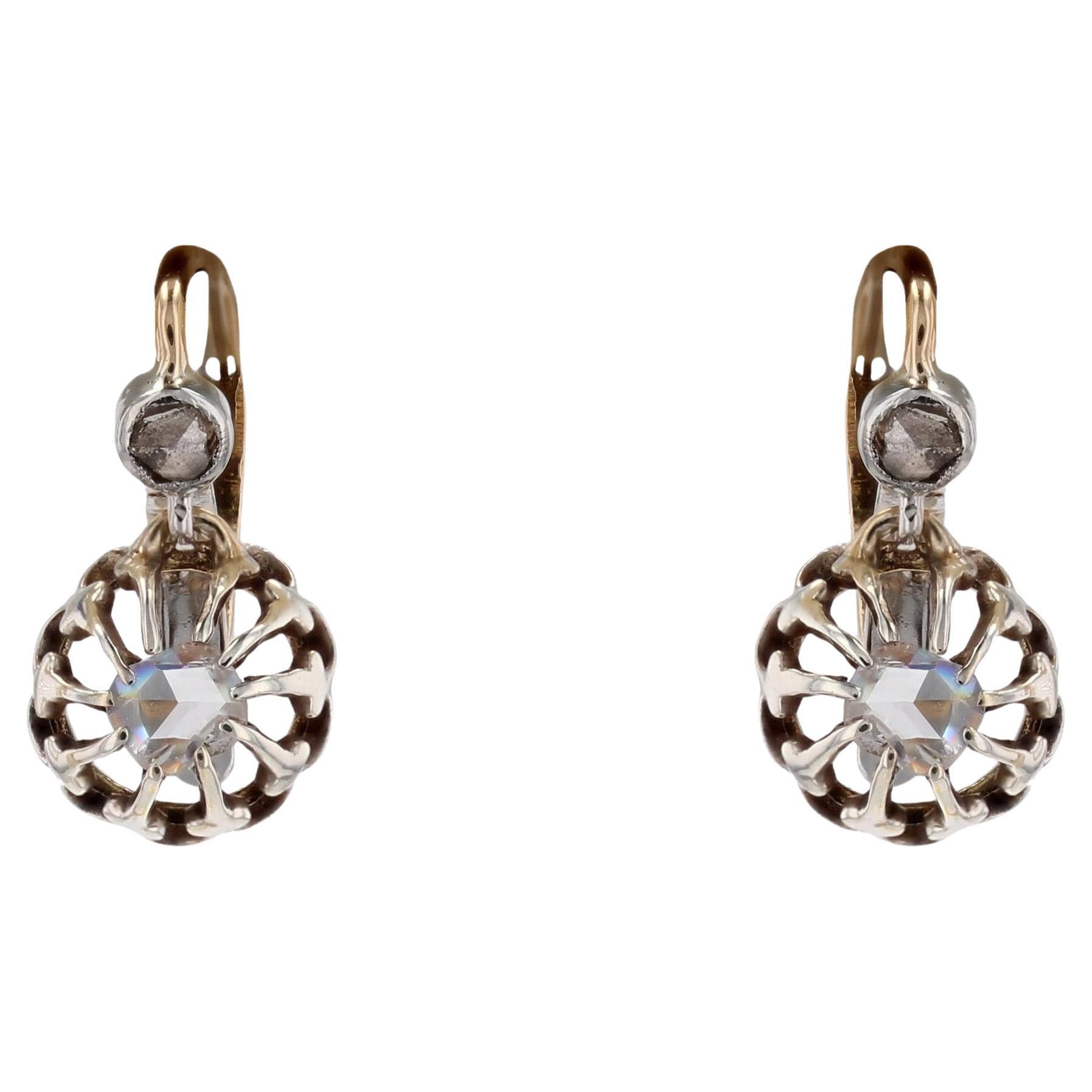 Pendientes de palanca de oro amarillo de 18 quilates con diamantes talla rosa del siglo XX