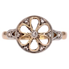 Antique 20th Century Rose-Cut Diamonds 18 Karat Yellow Gold Platinum Rosette Ring