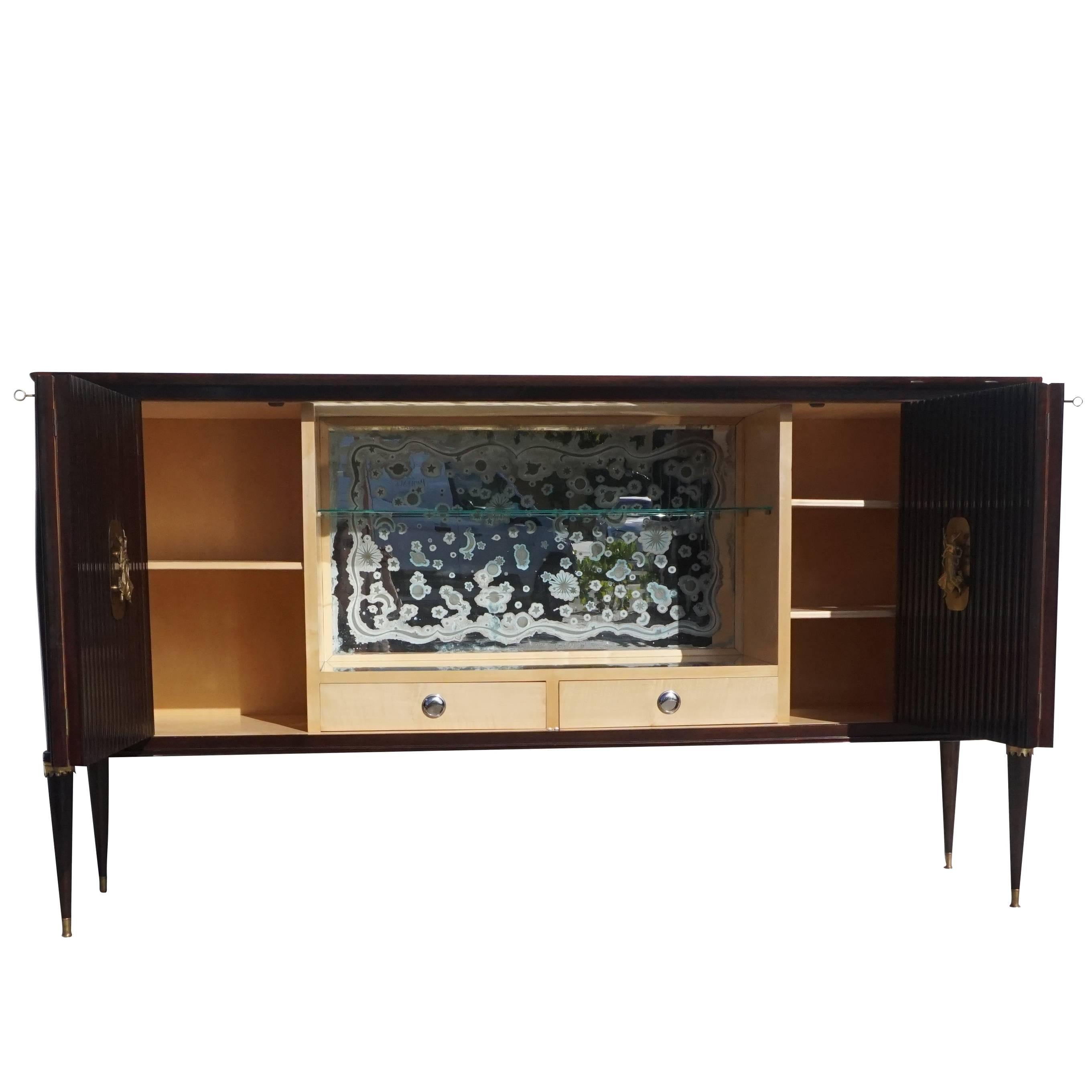 Hand-Carved 20th Century Rosewood Bar Cabinet, Italian Credenza by Osvaldo Borsani