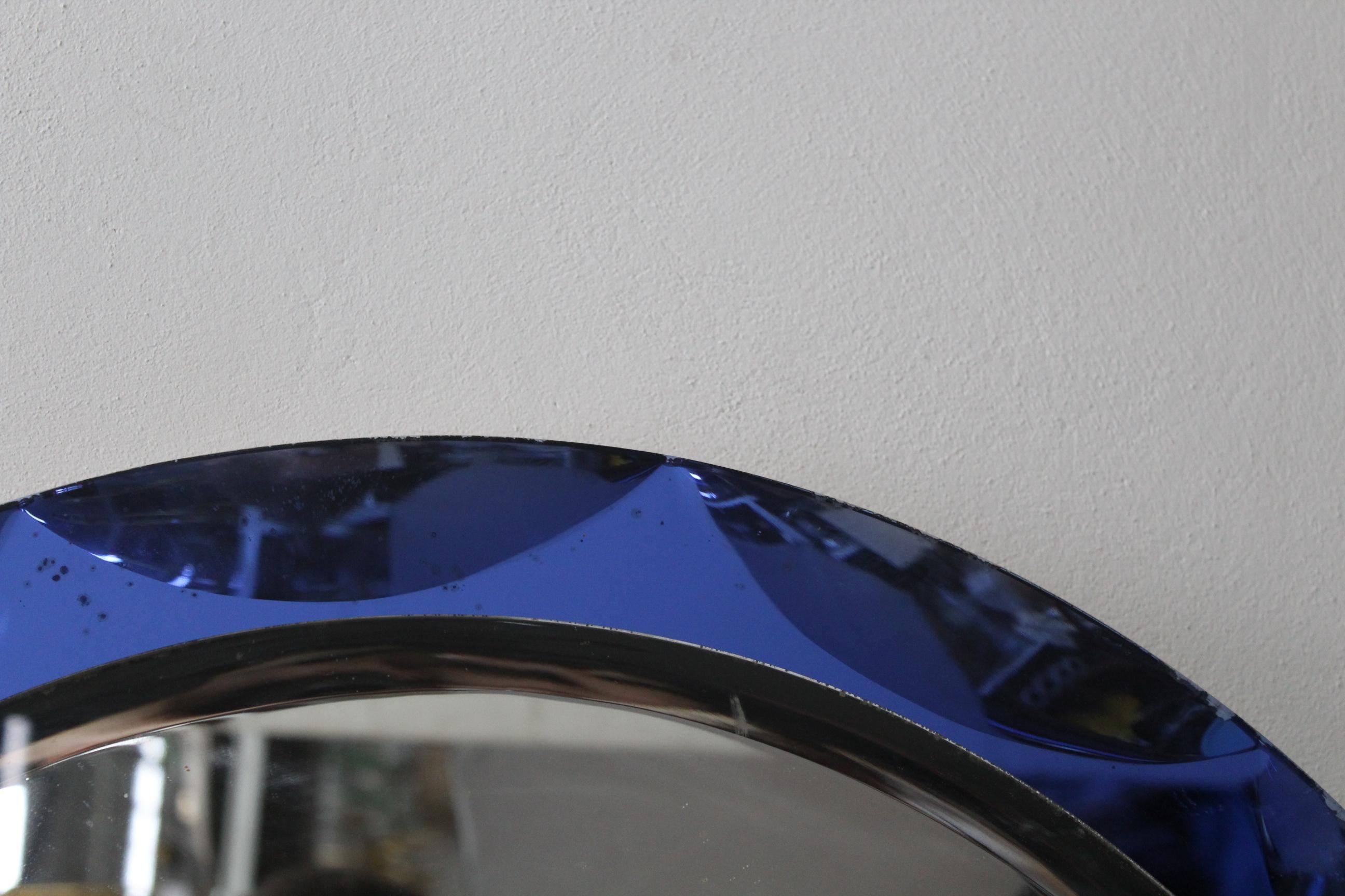 20th Century Round Blue Framed Italian Mirror with Label Metal Vetro Siena, 1974 8