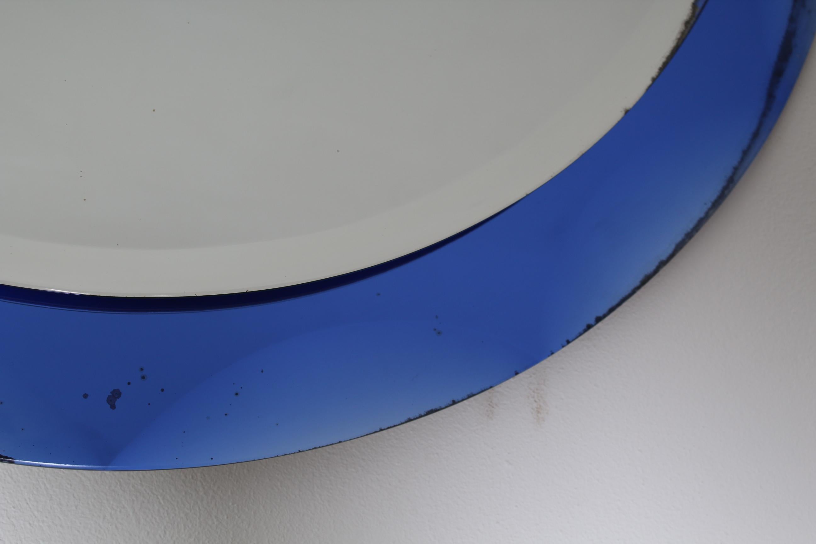 Late 20th Century 20th Century Round Blue Framed Italian Mirror with Label Metal Vetro Siena, 1974