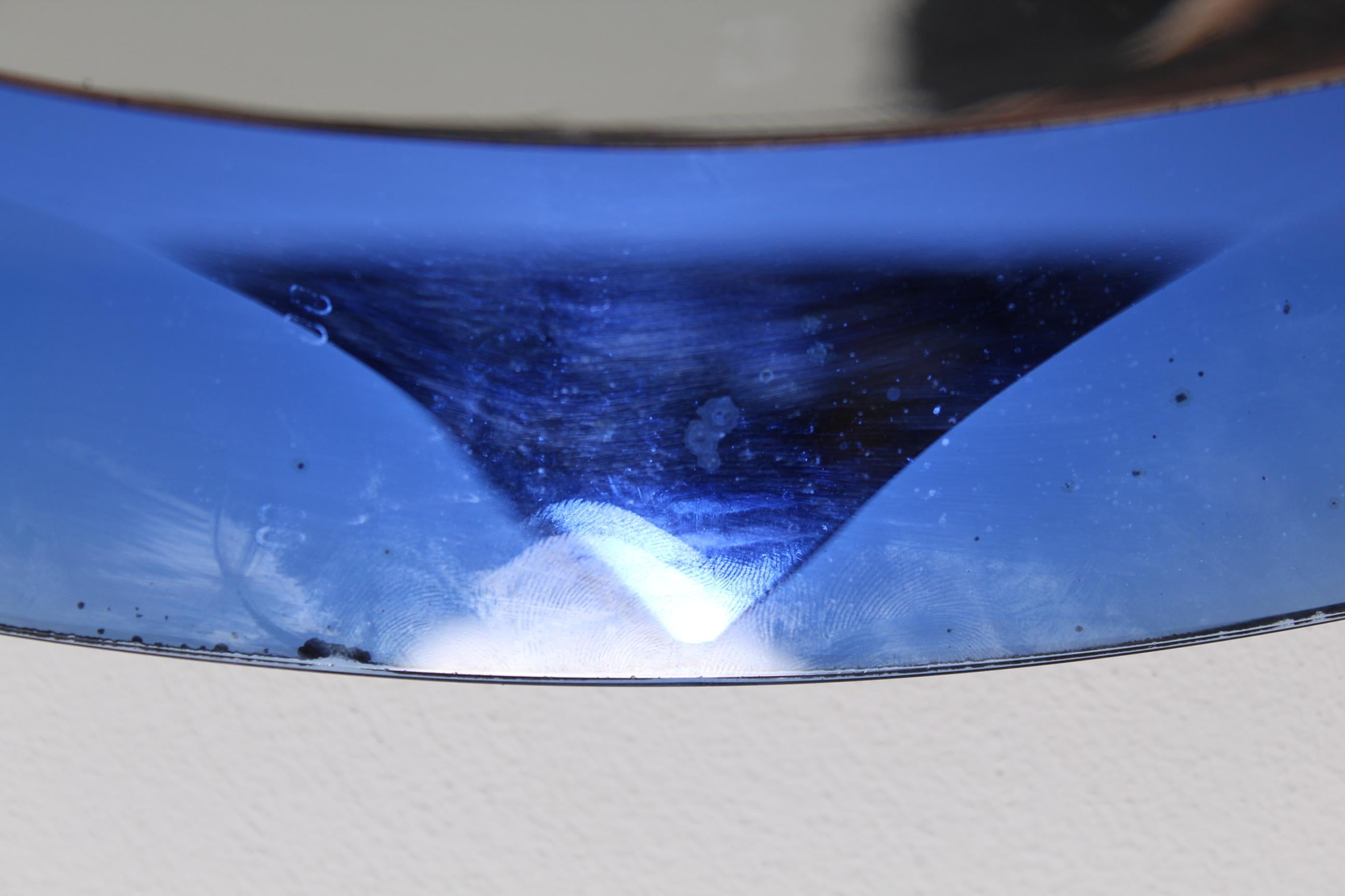 Glass 20th Century Round Blue Framed Italian Mirror with Label Metal Vetro Siena, 1974