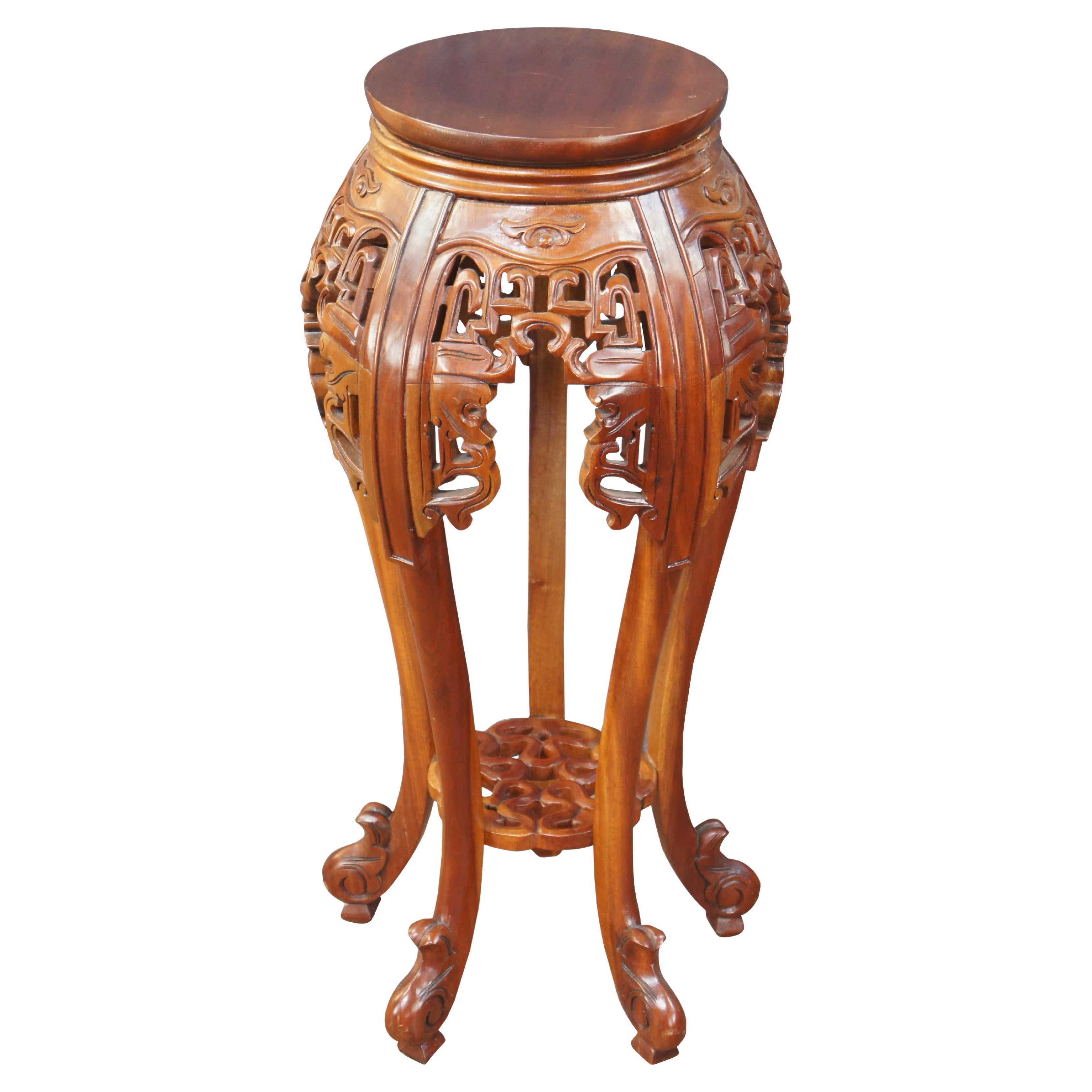 20th Century Round Chinoiserie Carved Mahogany Plant Stand Sculpture Pedestal For Sale