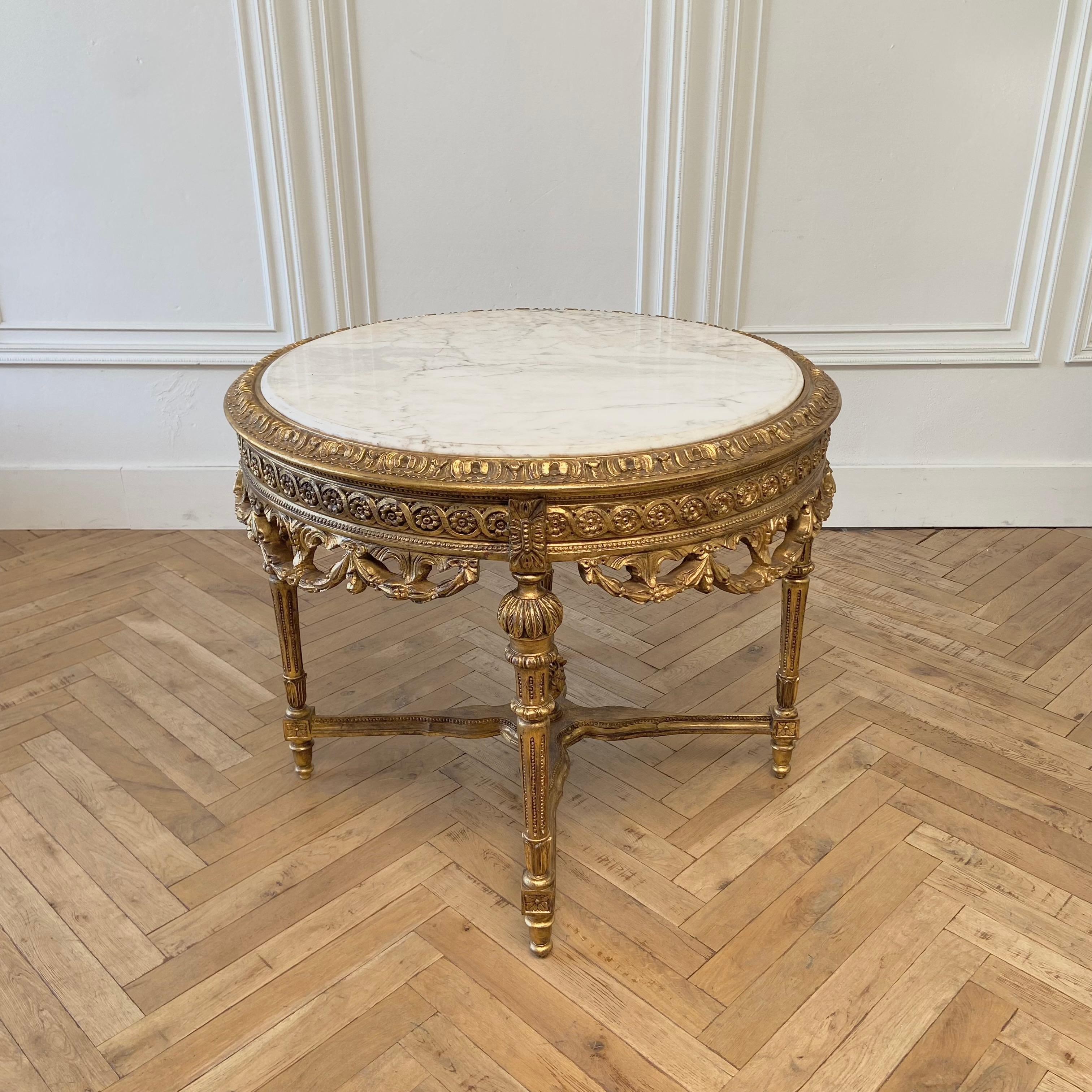 Louis XVI 20th Century Round Gilt Wood Center Table with White Marble Top