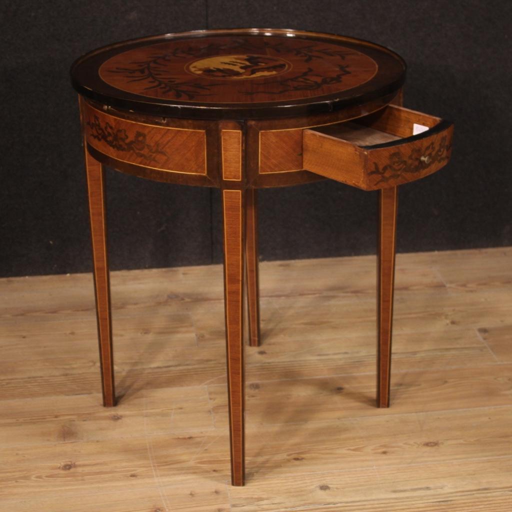 20th Century Round Inlaid Wood Italian Louis XVI Style Side Table, 1960 In Good Condition In Vicoforte, Piedmont