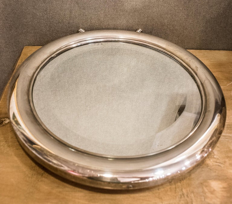 Silver Plate Art Nouveau Round Mirror Silver English Dressing Table Mirror, Legs, 1930-1940s For Sale