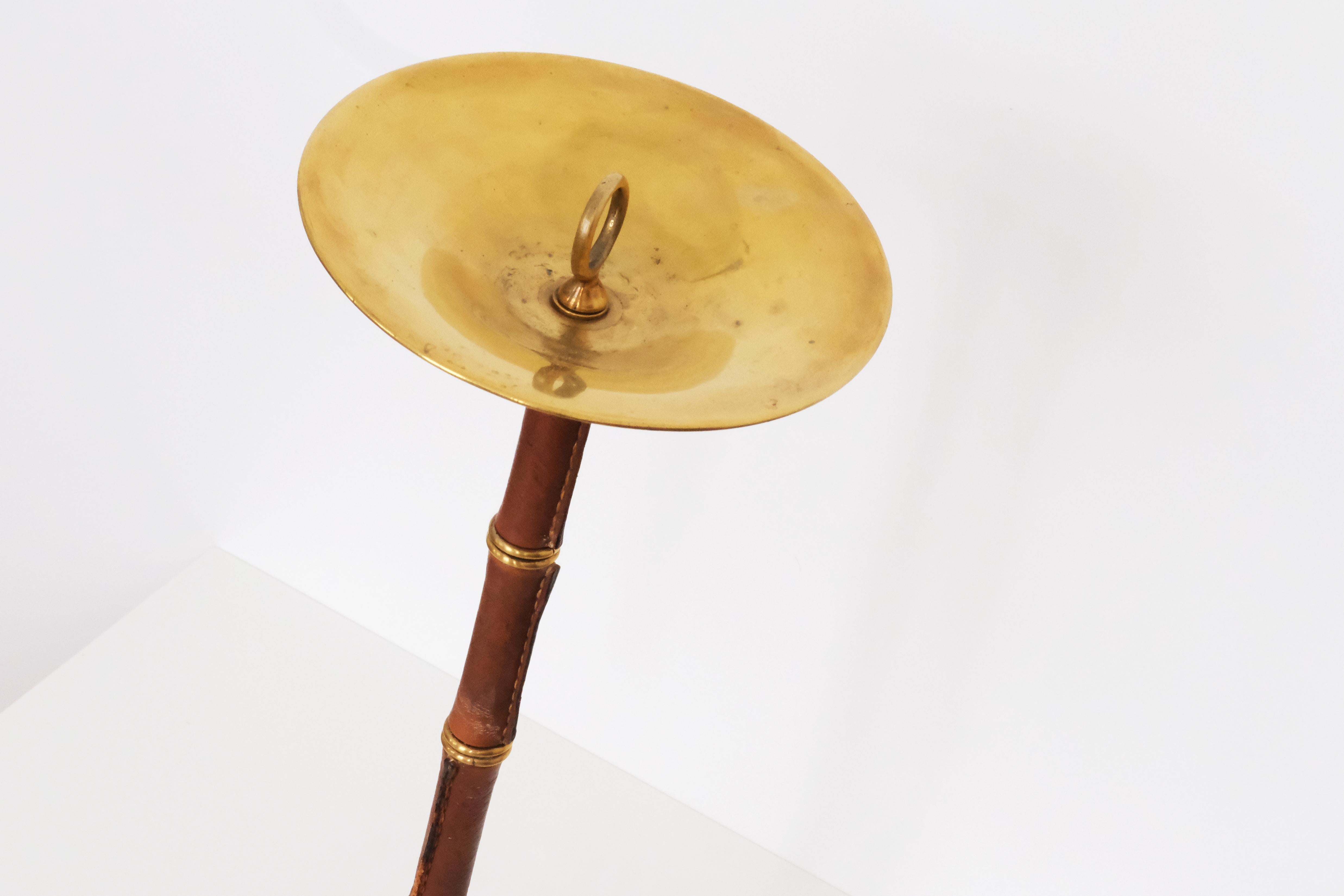20th Century Round Smoking Table by Jacques Adnet in Brown Leather & Gold Metal For Sale 6