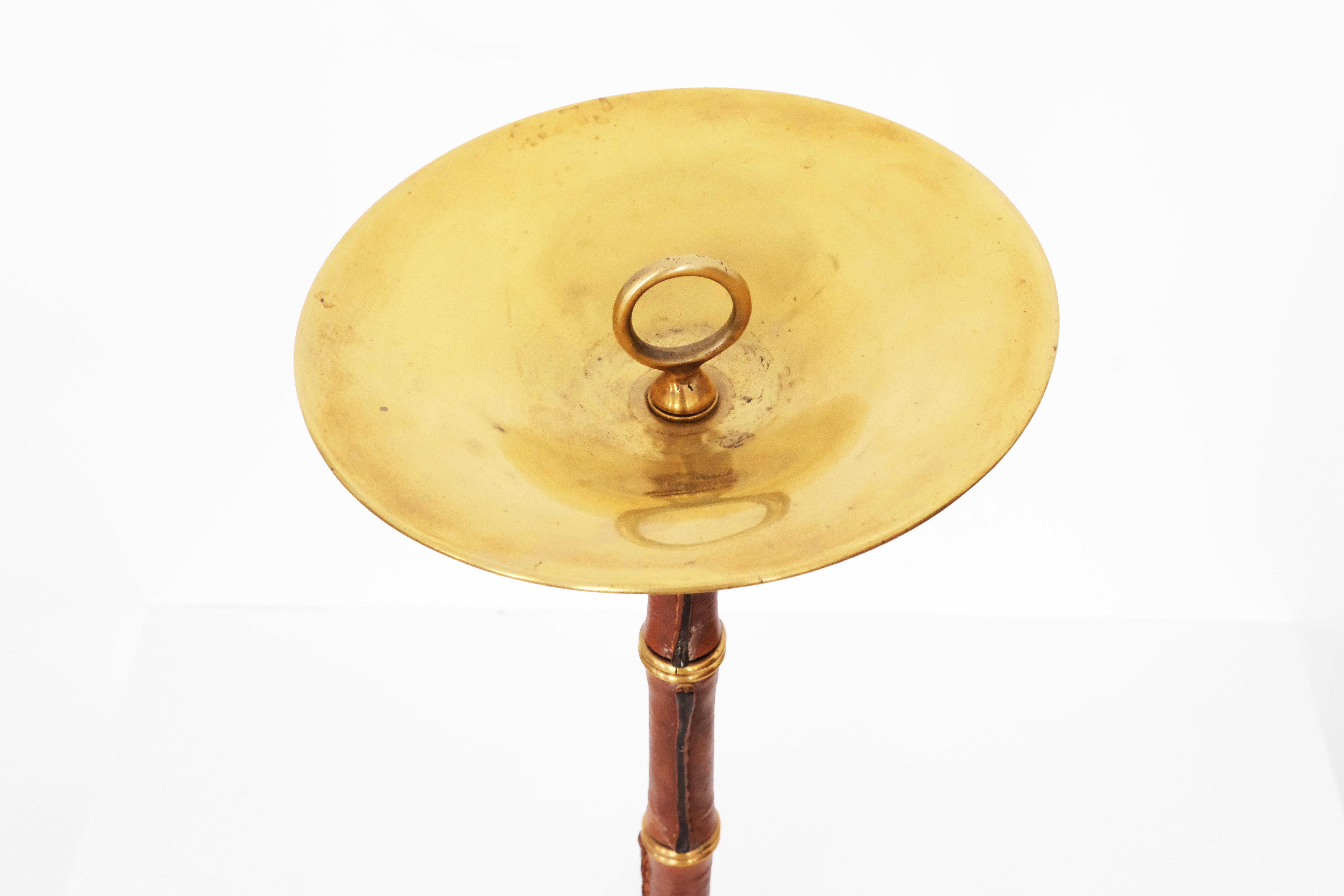20th Century Round Smoking Table by Jacques Adnet in Brown Leather & Gold Metal For Sale 10