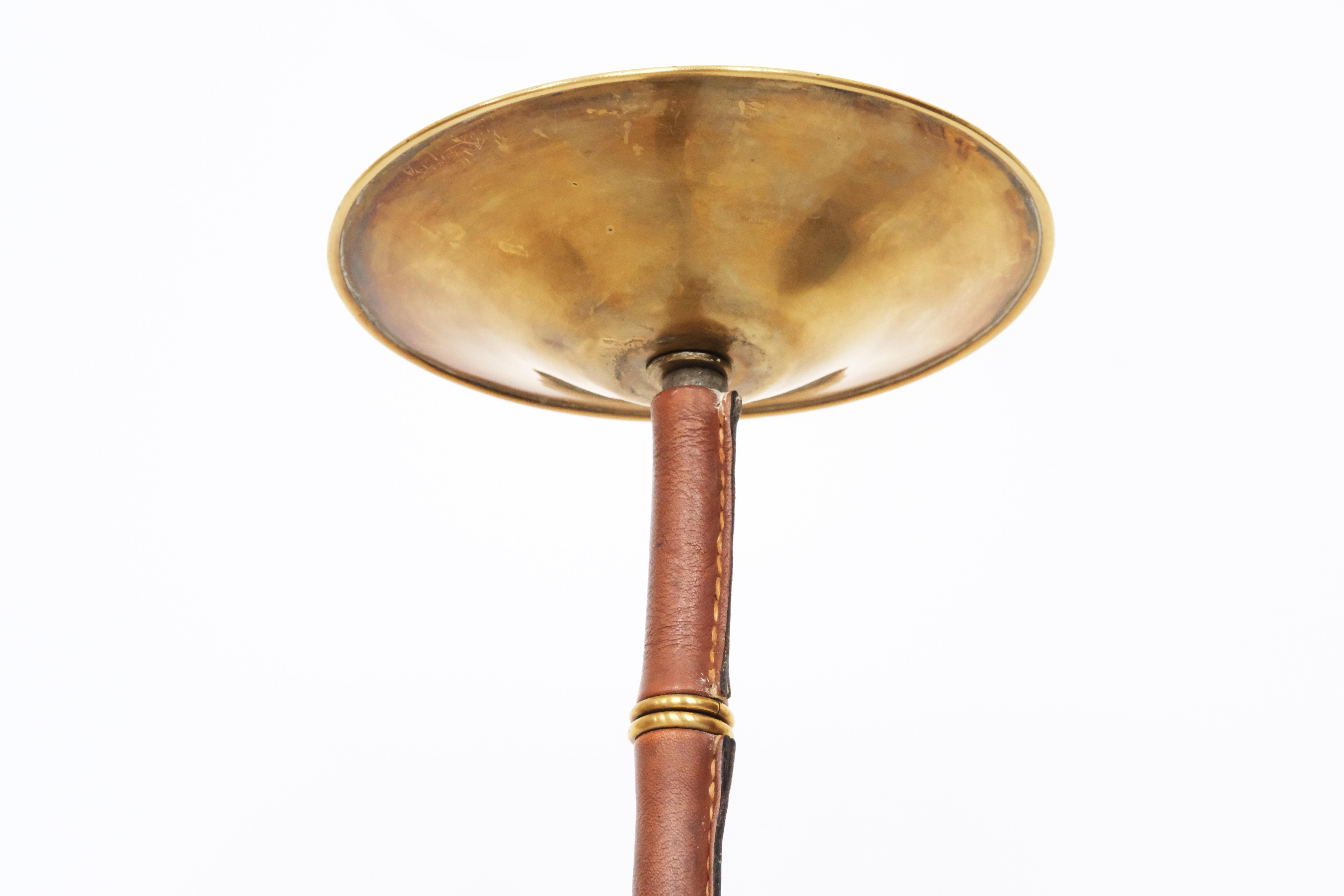 20th Century Round Smoking Table by Jacques Adnet in Brown Leather & Gold Metal For Sale 11