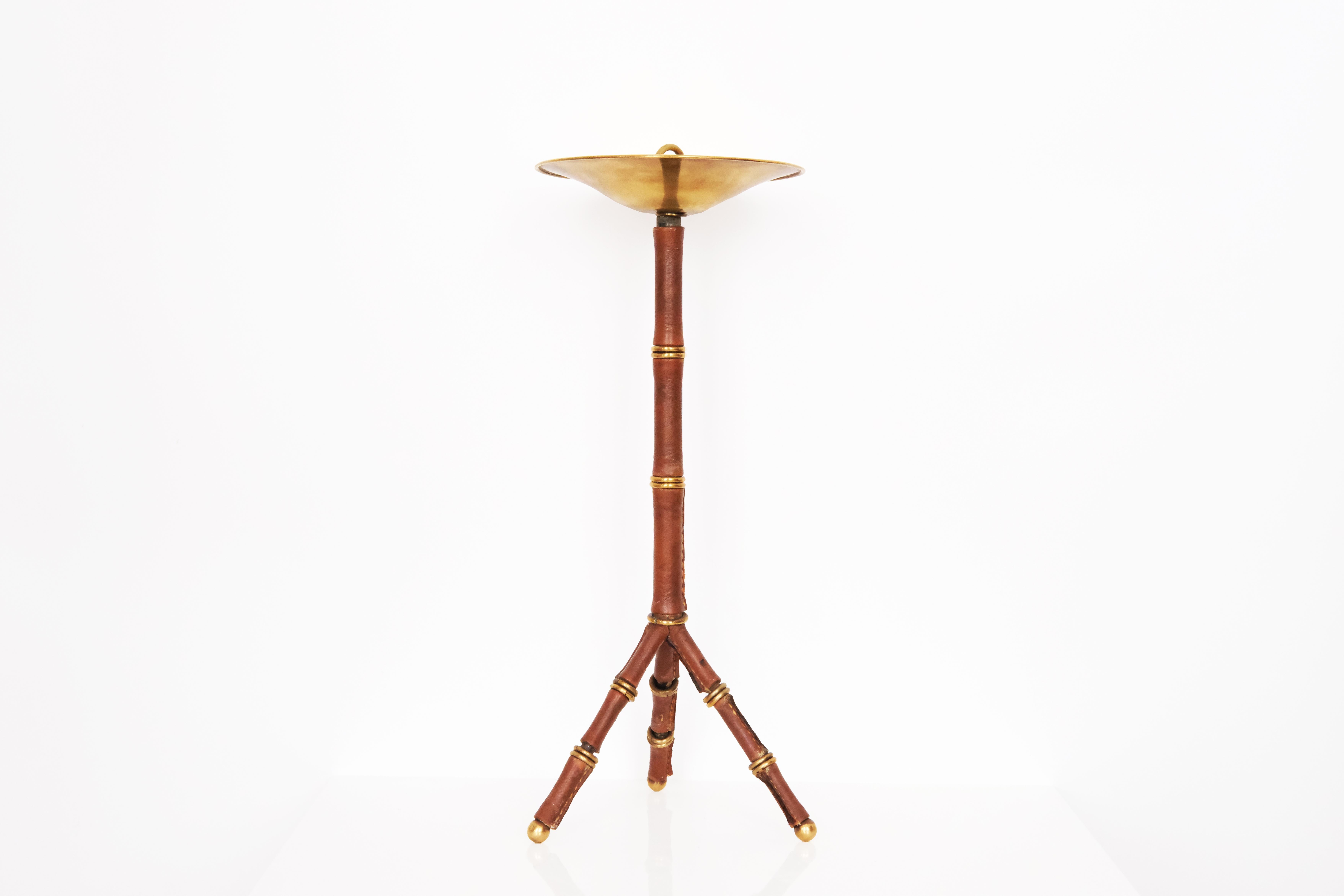 French 20th Century Round Smoking Table by Jacques Adnet in Brown Leather & Gold Metal For Sale