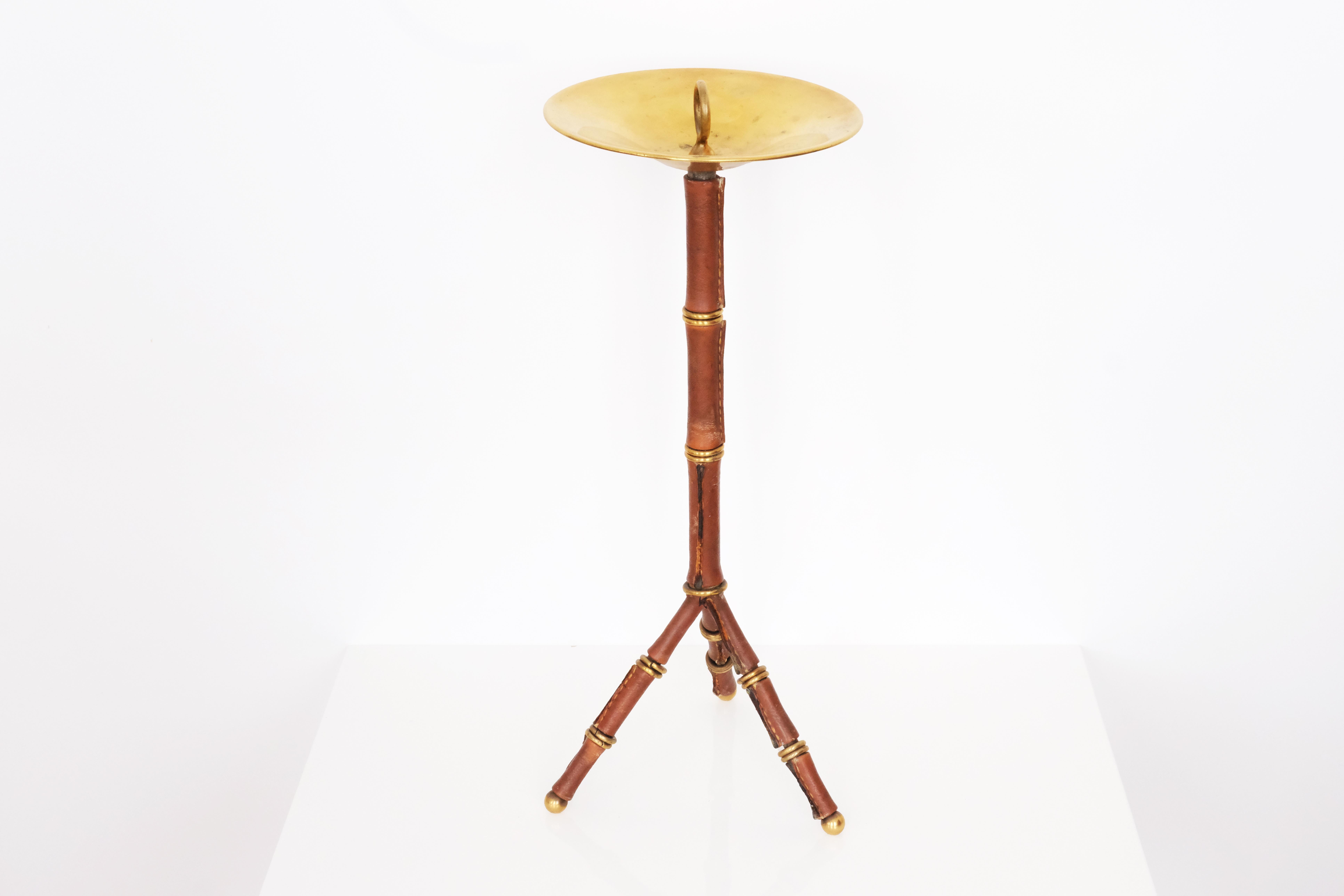 20th Century Round Smoking Table by Jacques Adnet in Brown Leather & Gold Metal For Sale 3