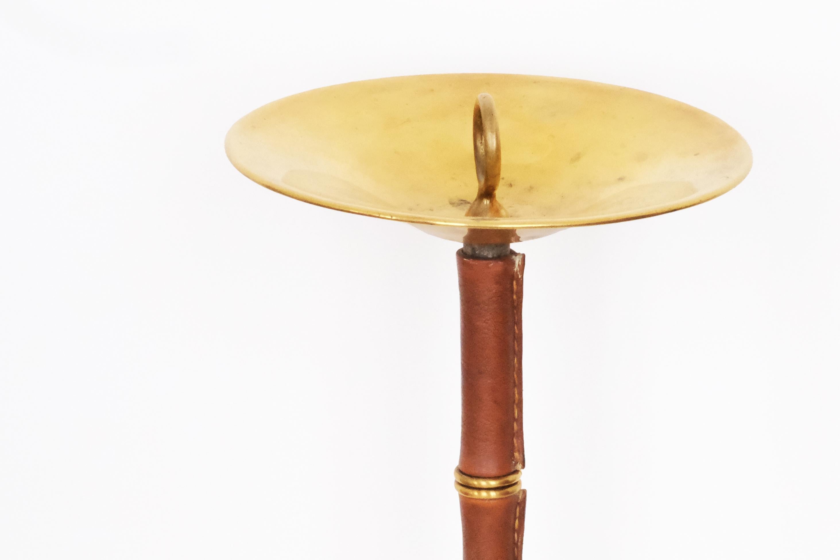 20th Century Round Smoking Table by Jacques Adnet in Brown Leather & Gold Metal For Sale 4