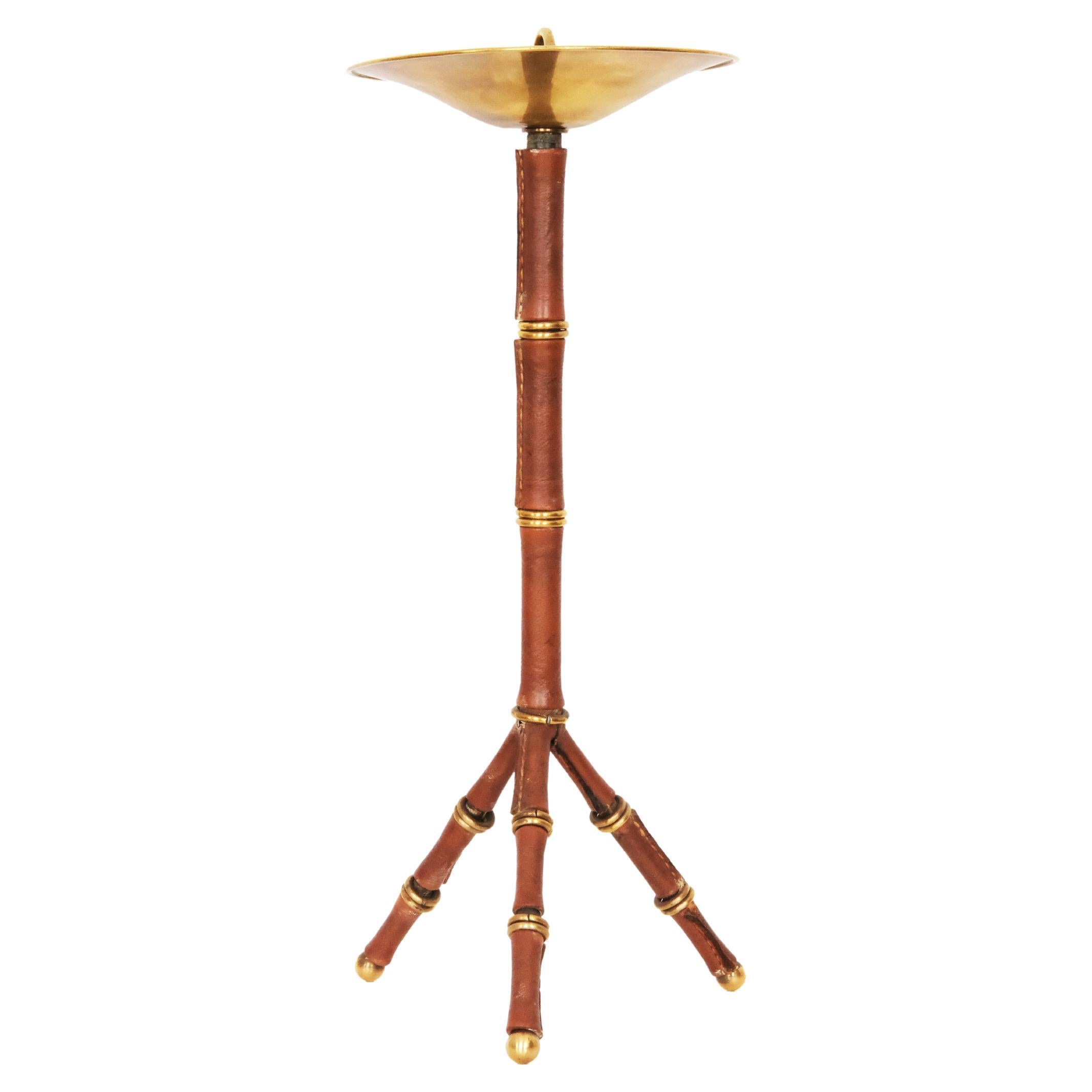20th Century Round Smoking Table by Jacques Adnet in Brown Leather & Gold Metal For Sale