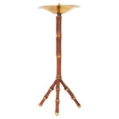 20th Century Round Smoking Table by Jacques Adnet in Brown Leather & Gold Metal