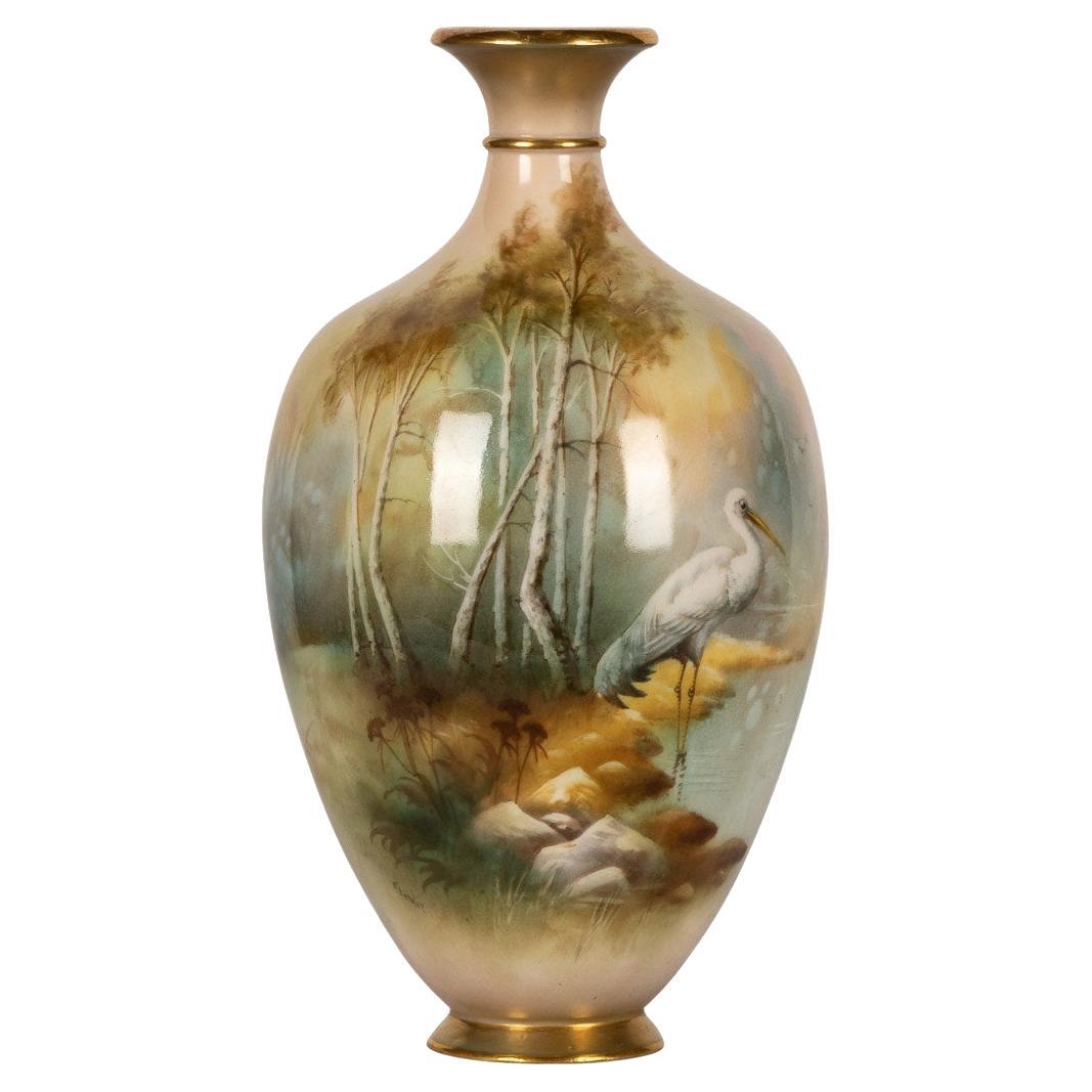 20th Century Royal Worcester Vase With Egret Bird, Walter Powell, c.1910