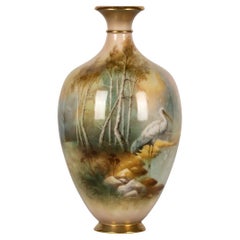 Vintage 20th Century Royal Worcester Vase With Egret Bird, Walter Powell, c.1910