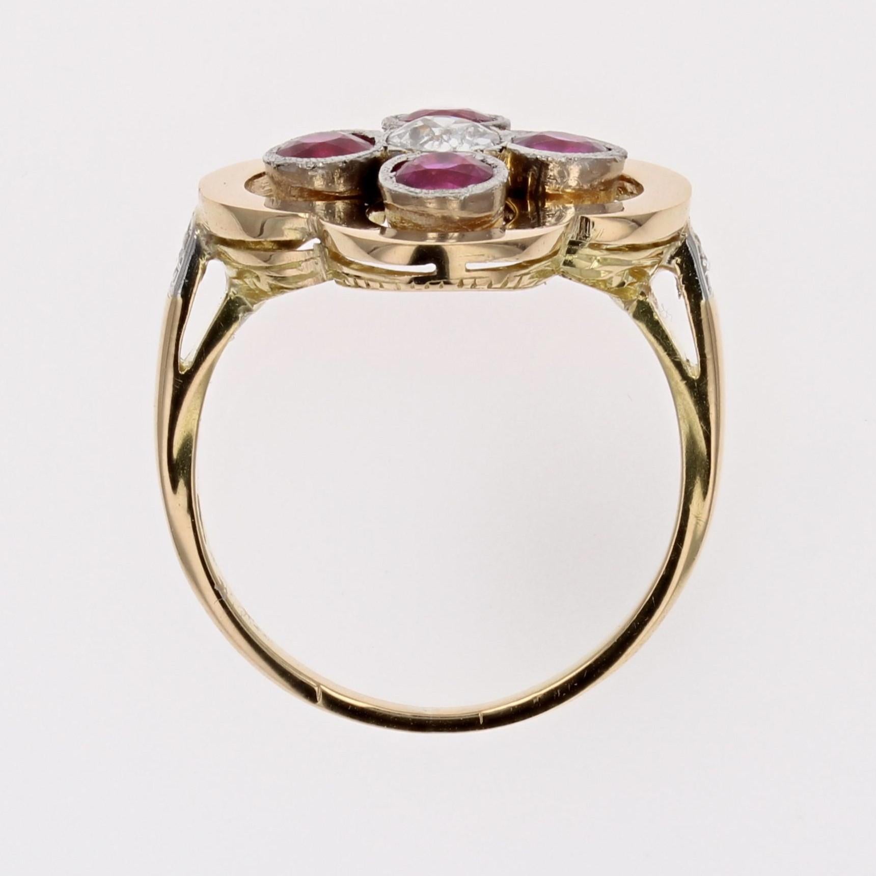 20th Century Rubies Diamonds 18 Karat Yellow Gold Platinum Cloverleaf Ring For Sale 10