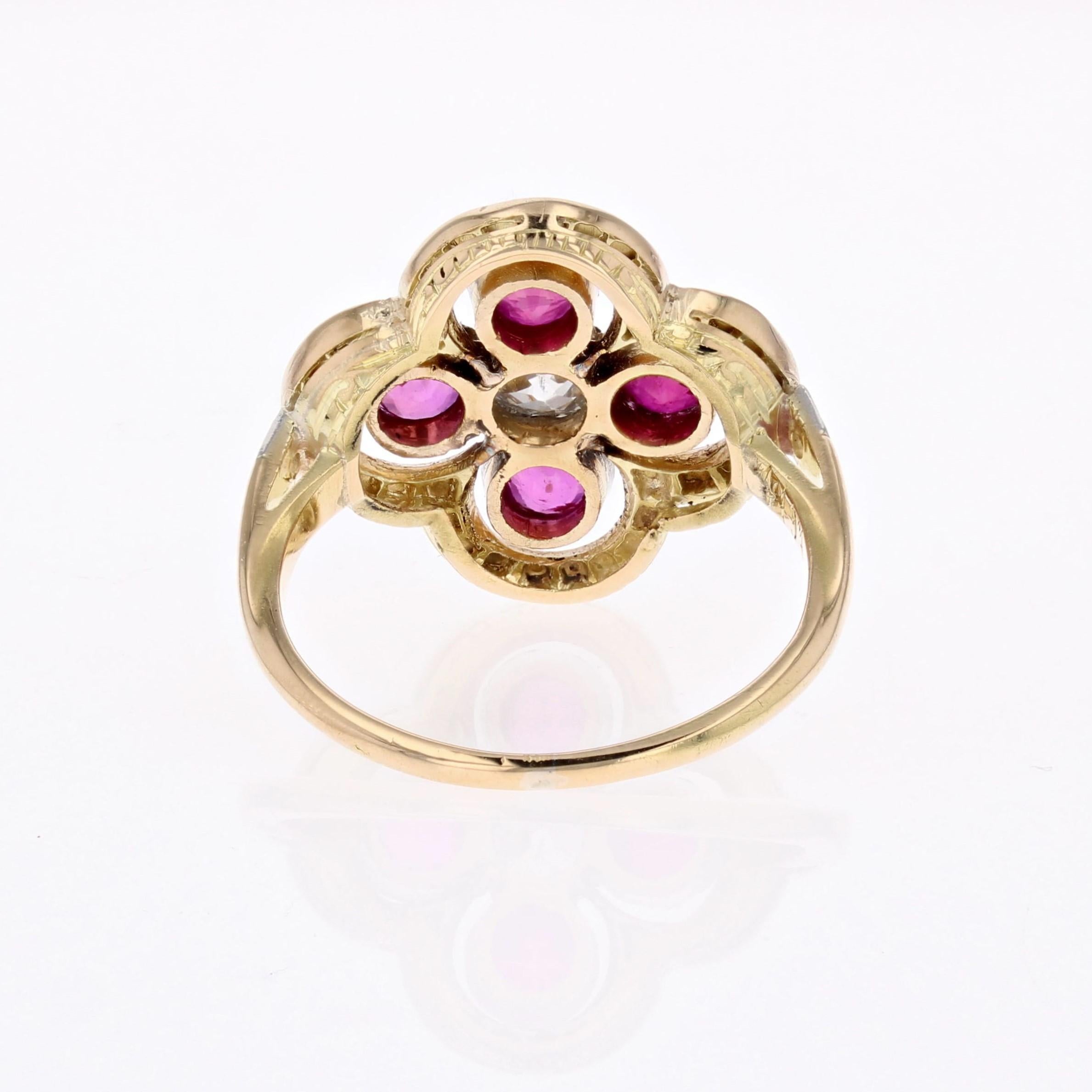 20th Century Rubies Diamonds 18 Karat Yellow Gold Platinum Cloverleaf Ring For Sale 11