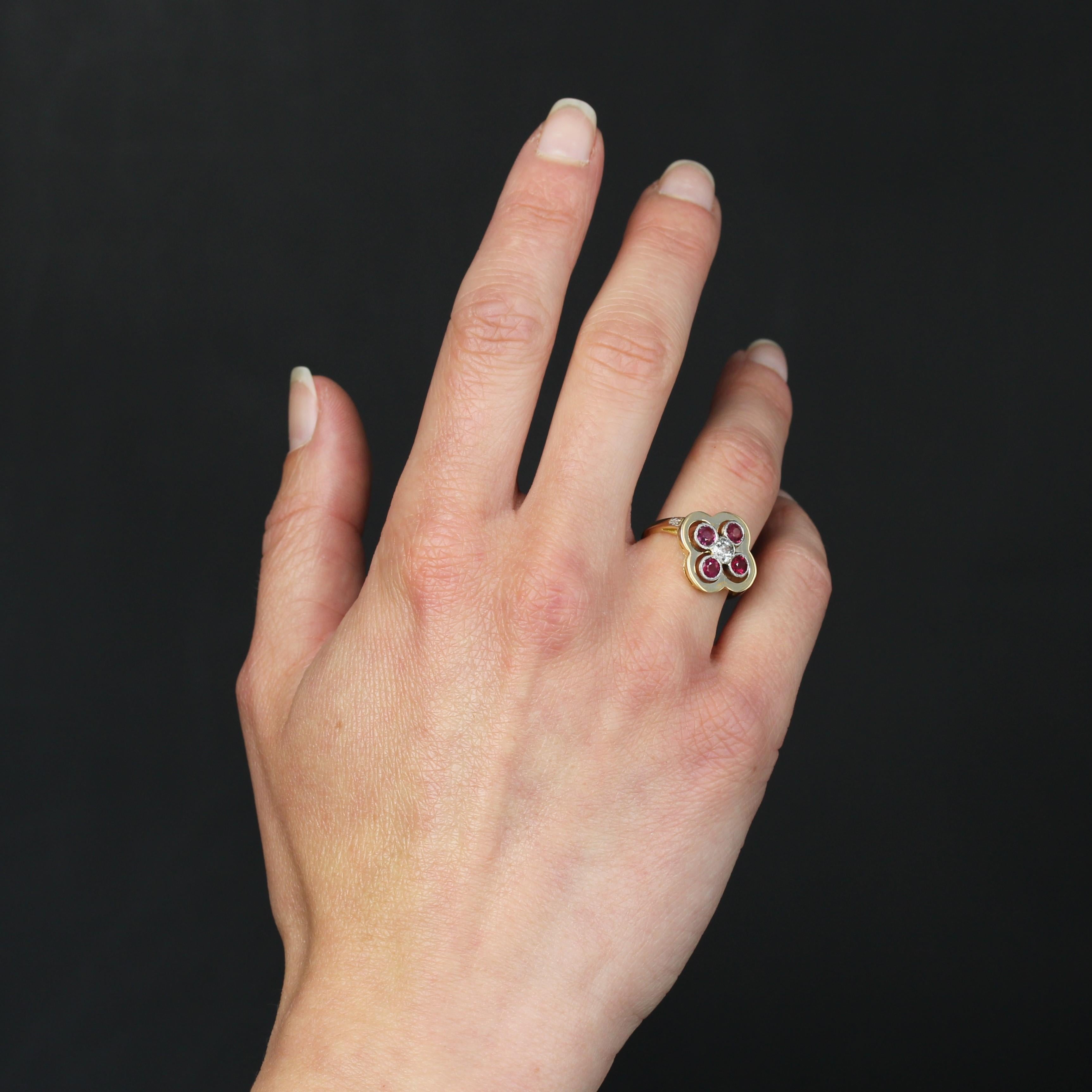 Antique Cushion Cut 20th Century Rubies Diamonds 18 Karat Yellow Gold Platinum Cloverleaf Ring For Sale