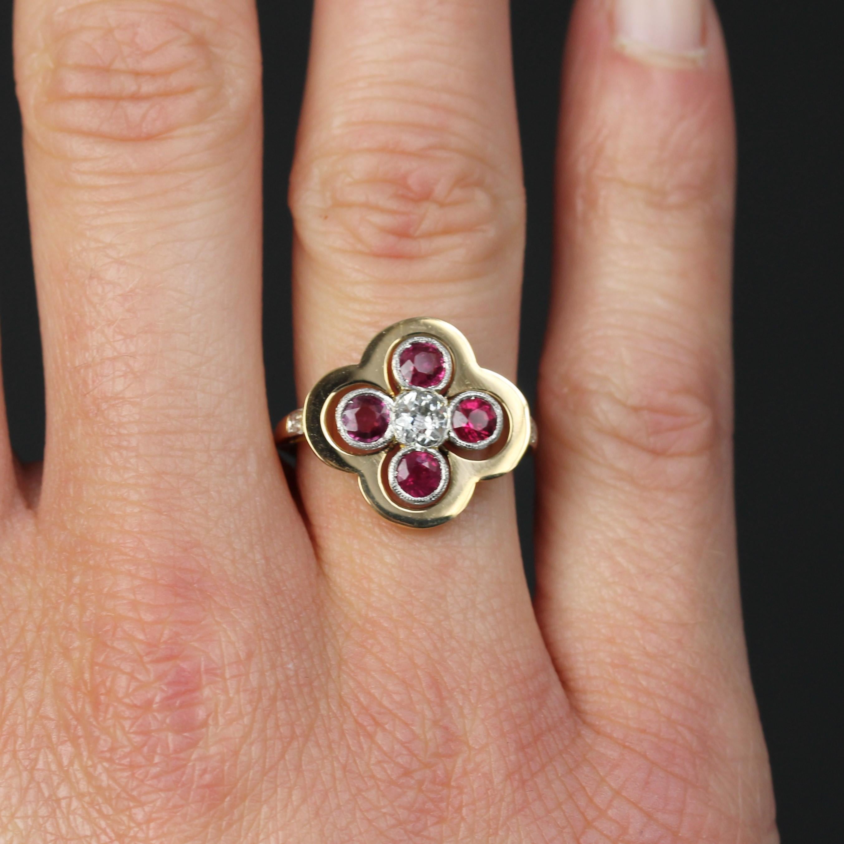 Women's 20th Century Rubies Diamonds 18 Karat Yellow Gold Platinum Cloverleaf Ring For Sale