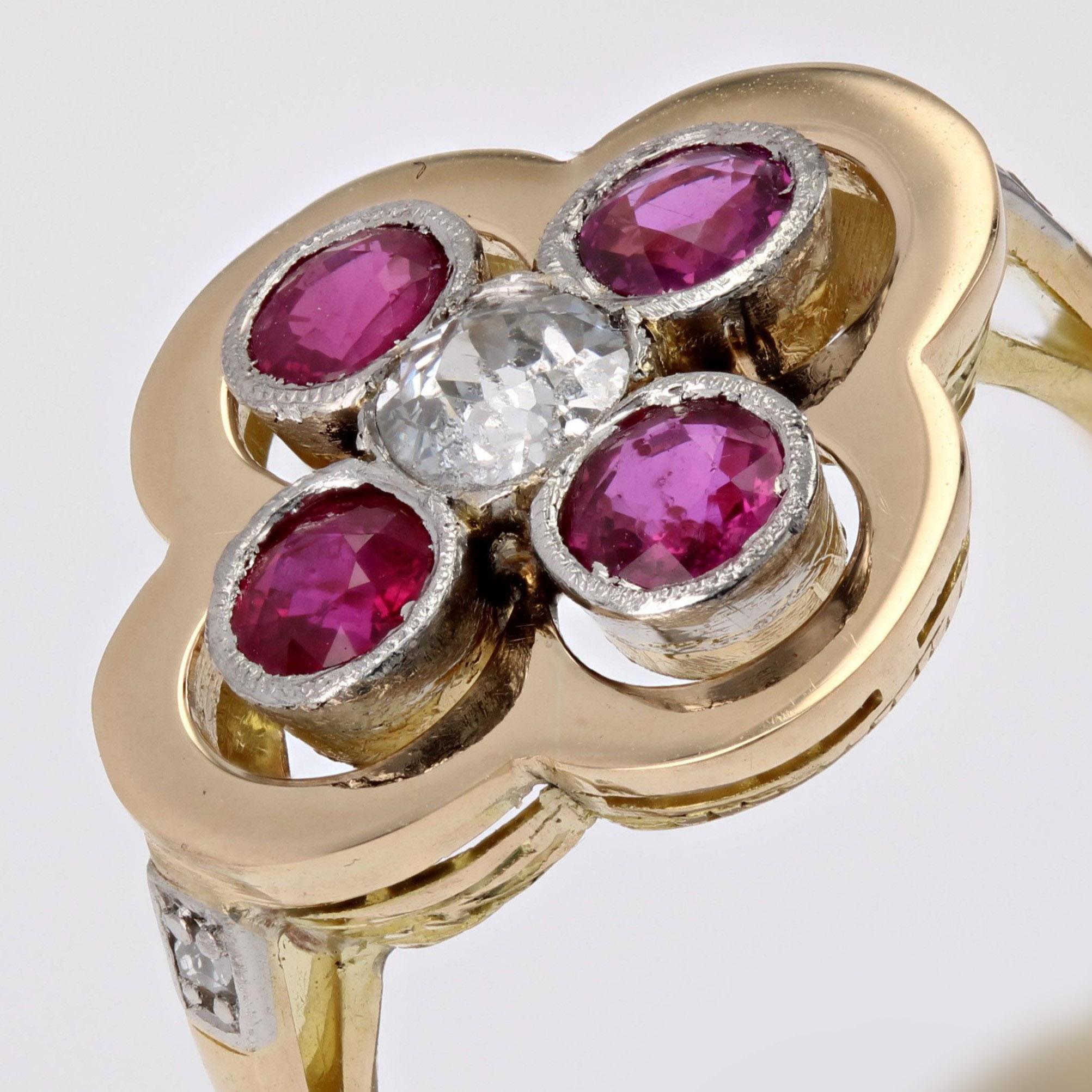 20th Century Rubies Diamonds 18 Karat Yellow Gold Platinum Cloverleaf Ring For Sale 3