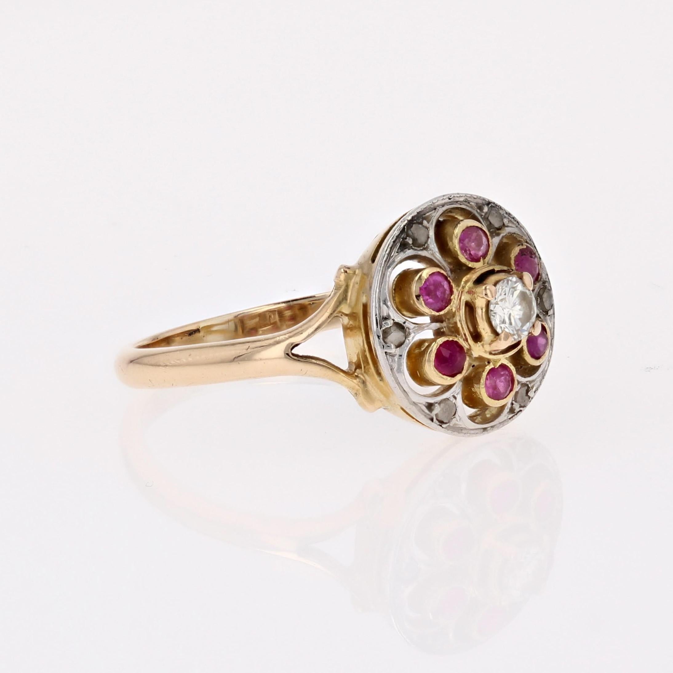 20th Century Rubies Diamonds 18 Karat Yellow Gold Platinum Round Ring For Sale 5