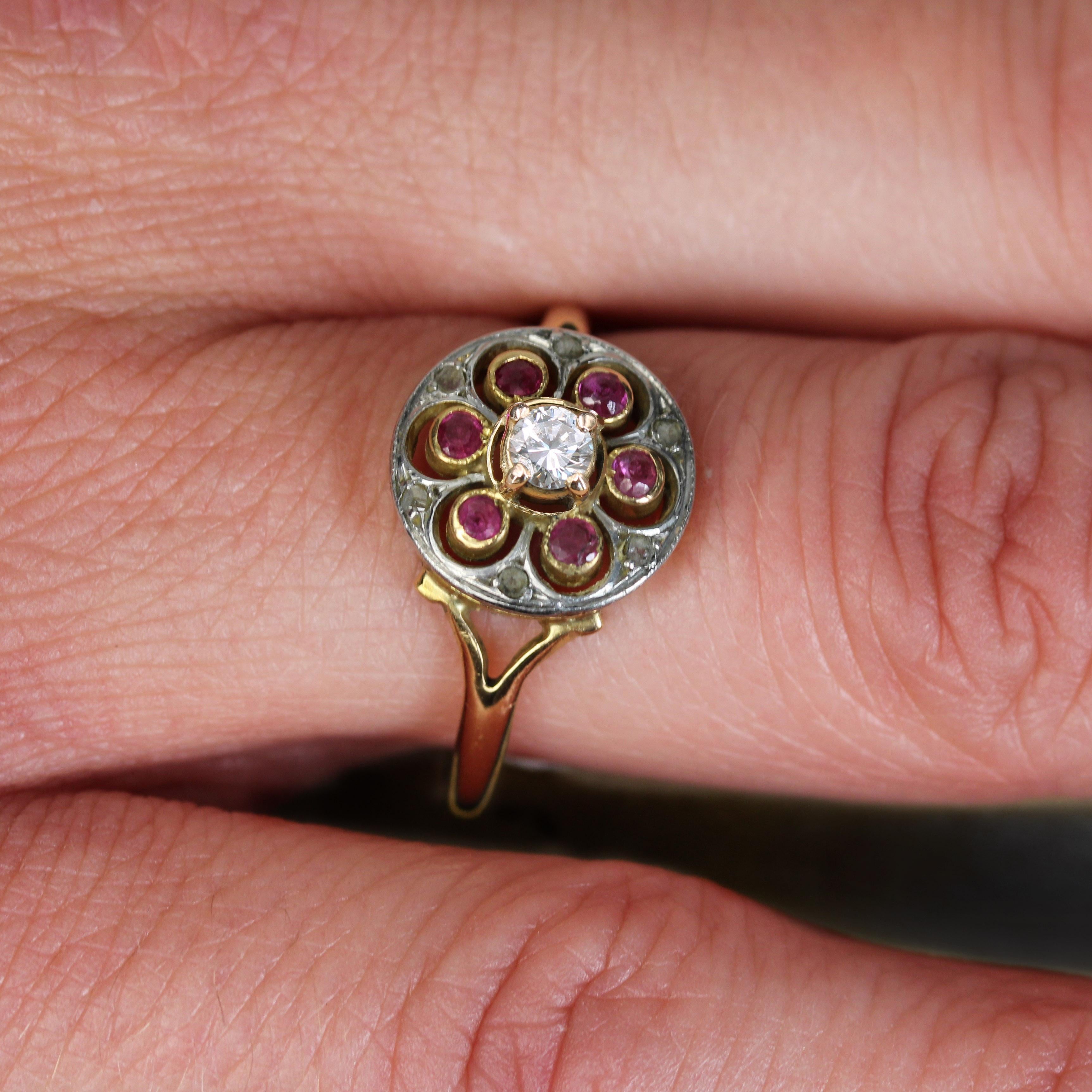 20th Century Rubies Diamonds 18 Karat Yellow Gold Platinum Round Ring For Sale 6