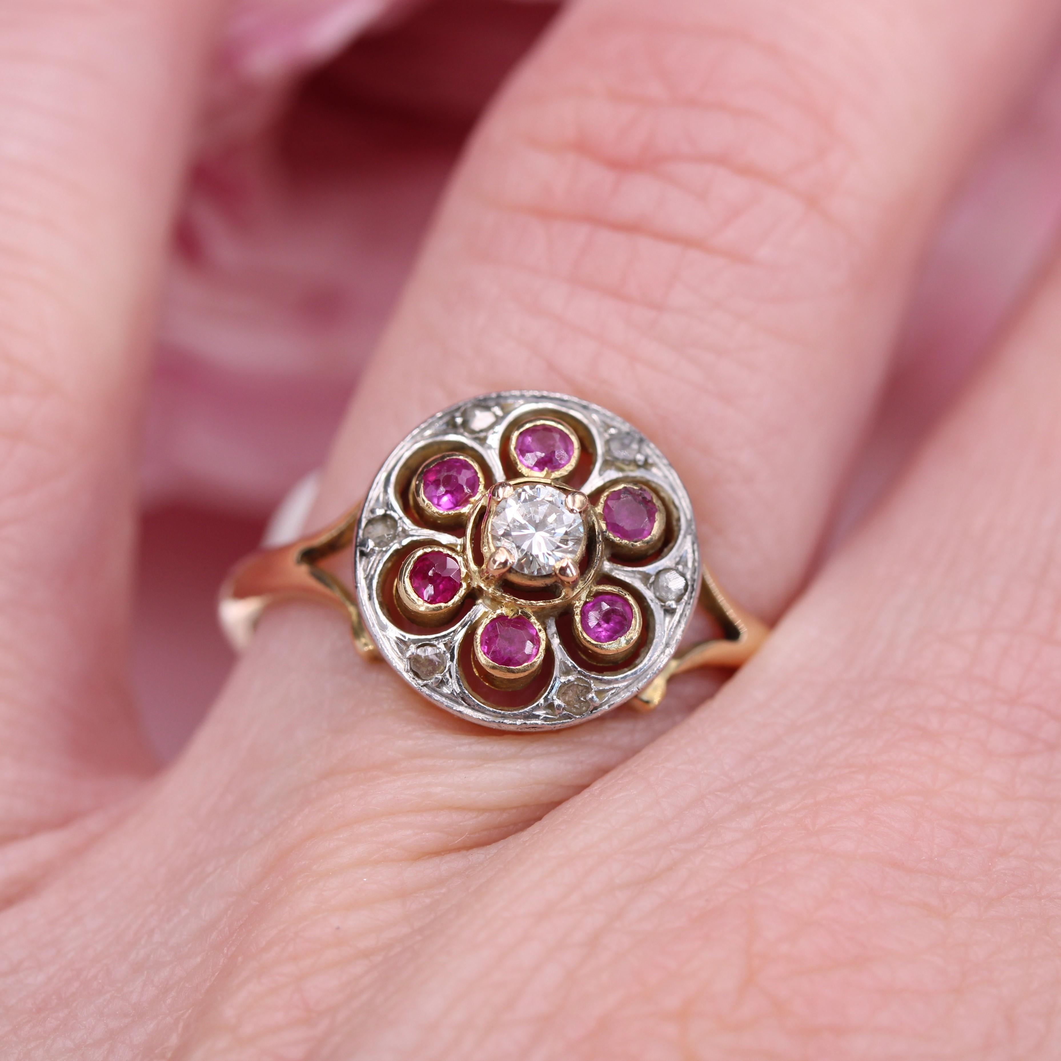 20th Century Rubies Diamonds 18 Karat Yellow Gold Platinum Round Ring For Sale 7