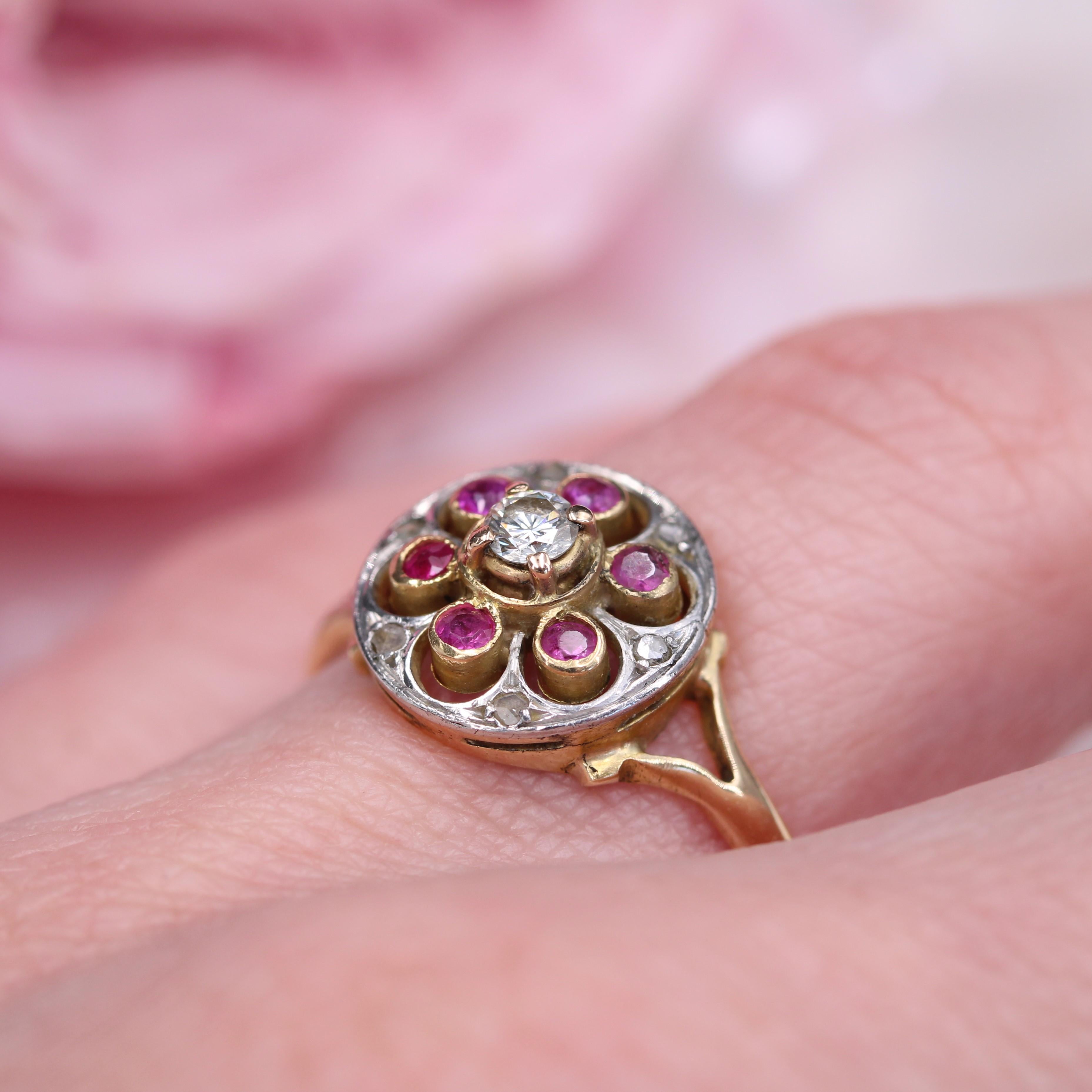 20th Century Rubies Diamonds 18 Karat Yellow Gold Platinum Round Ring For Sale 8