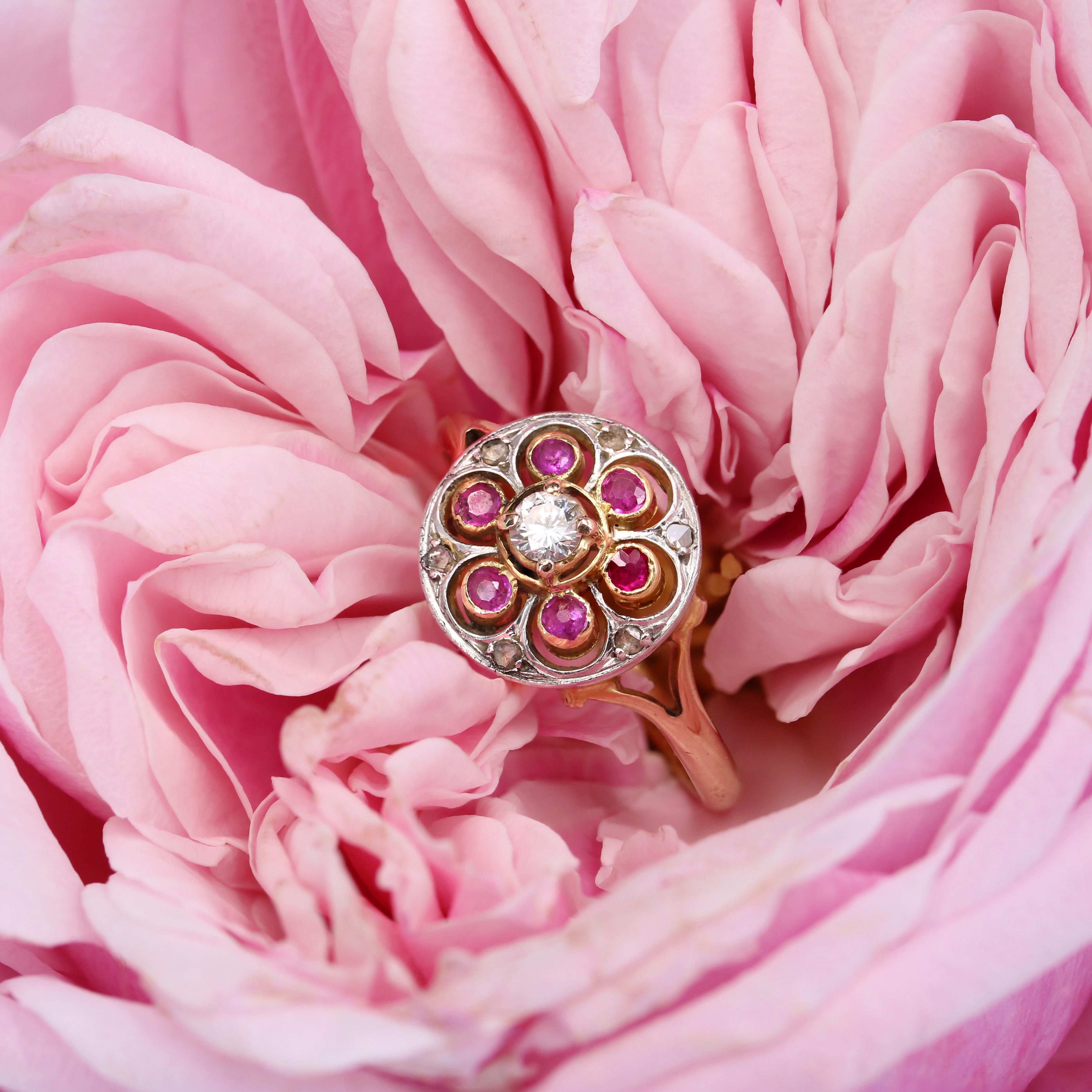 20th Century Rubies Diamonds 18 Karat Yellow Gold Platinum Round Ring For Sale 9