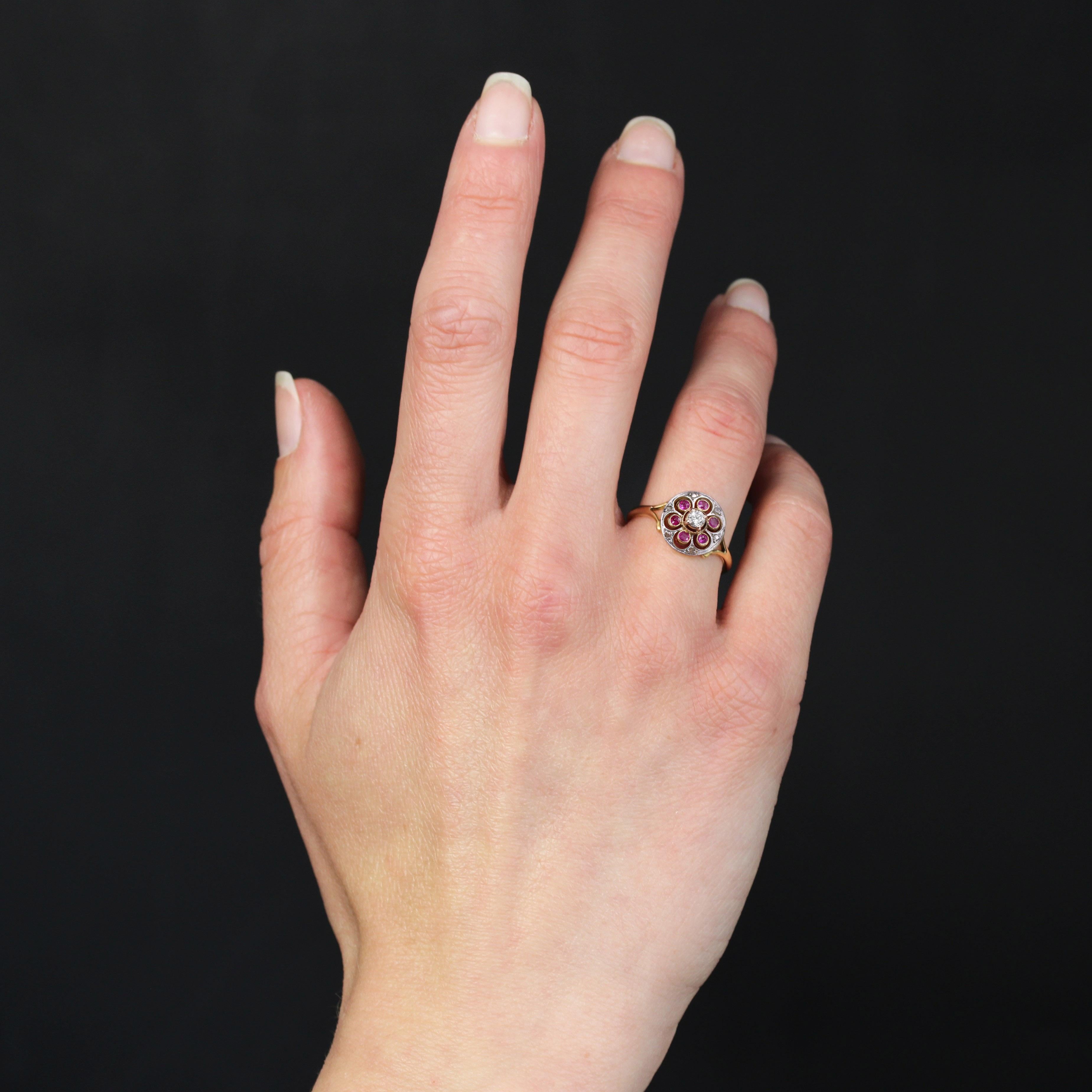 Round Cut 20th Century Rubies Diamonds 18 Karat Yellow Gold Platinum Round Ring For Sale