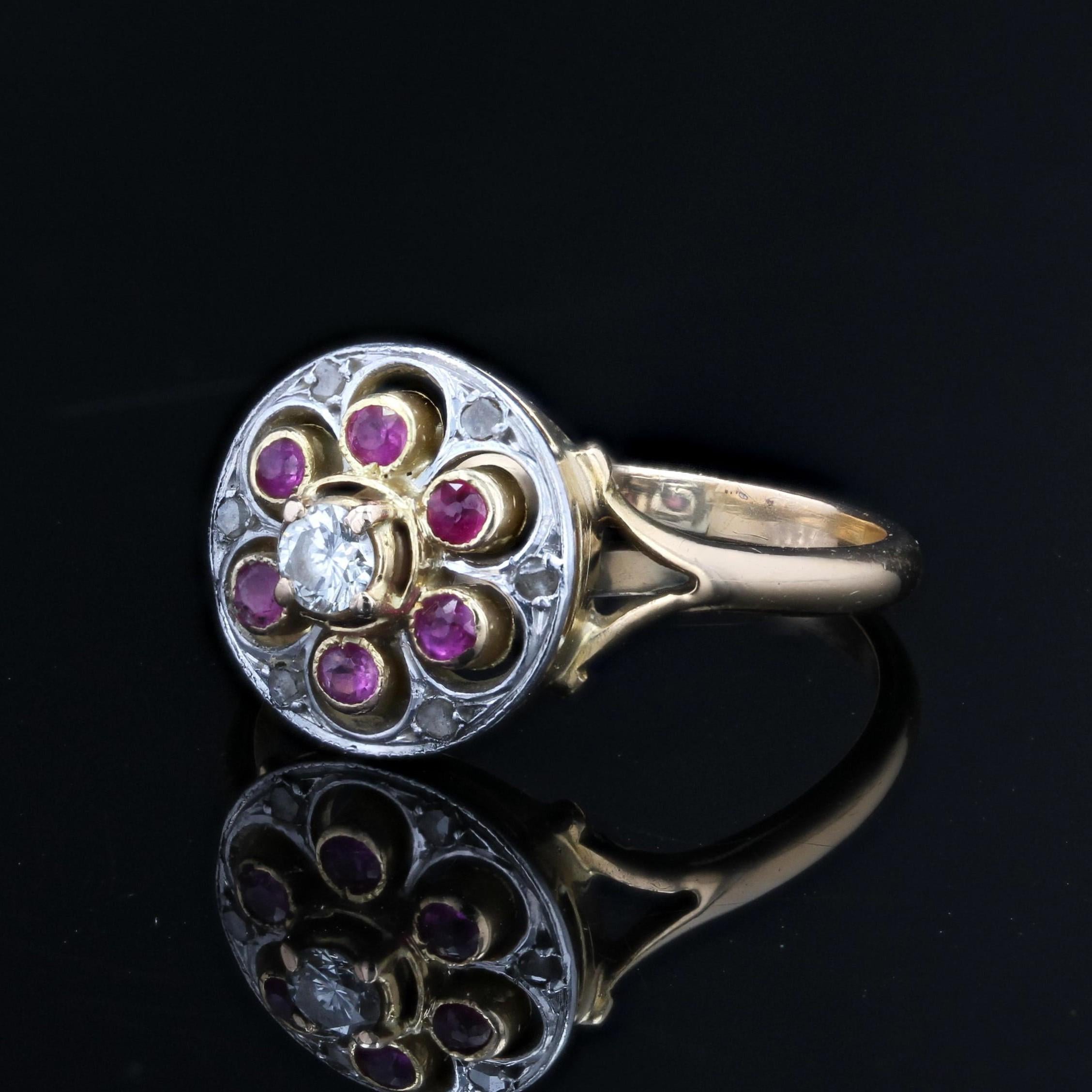 20th Century Rubies Diamonds 18 Karat Yellow Gold Platinum Round Ring For Sale 1