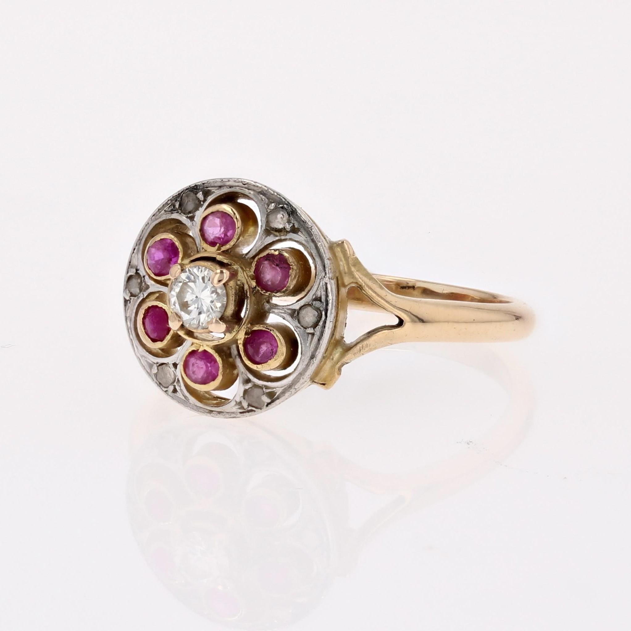 20th Century Rubies Diamonds 18 Karat Yellow Gold Platinum Round Ring For Sale 2