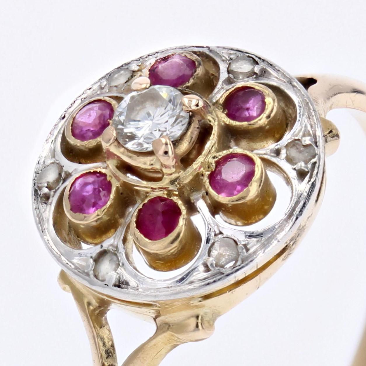 20th Century Rubies Diamonds 18 Karat Yellow Gold Platinum Round Ring For Sale 3
