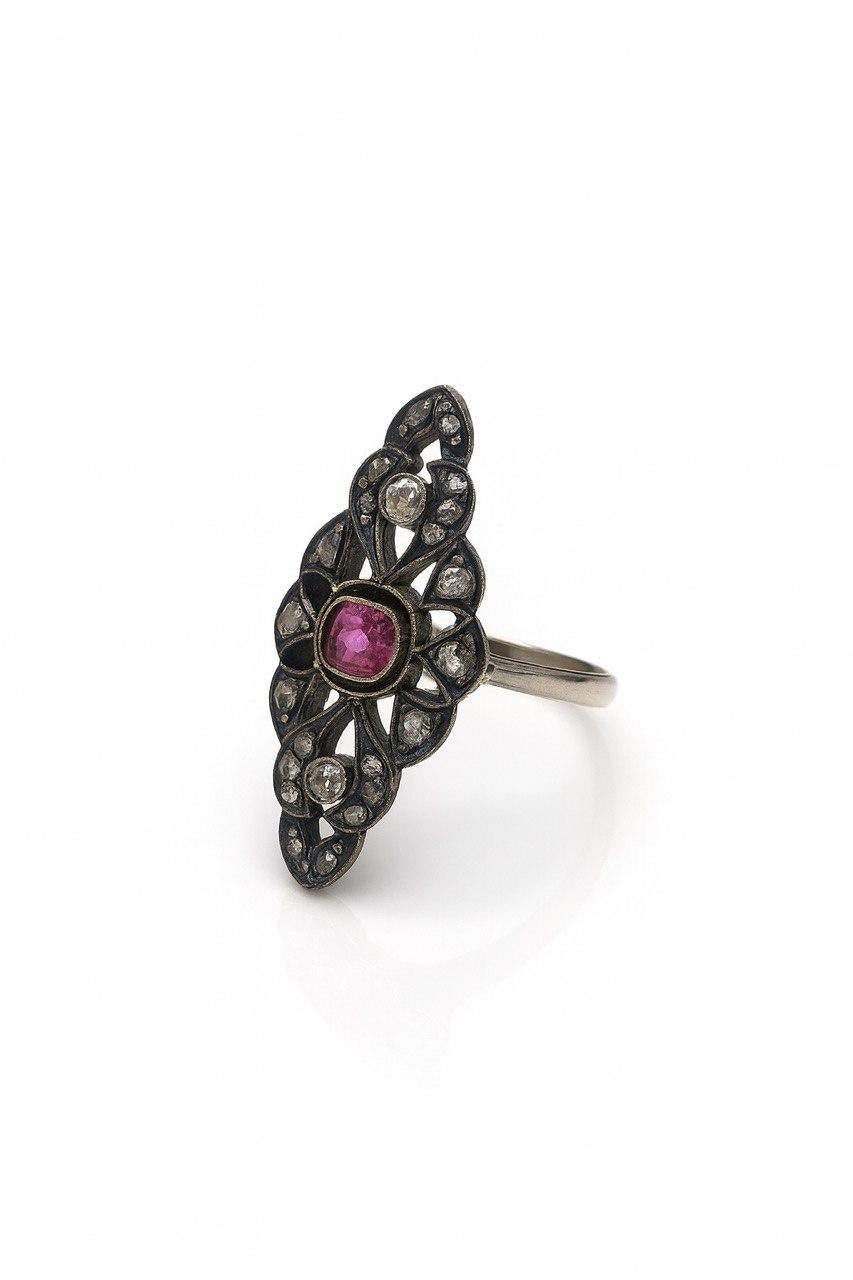 20th Century Ruby and Rose-Cut Diamond Feather Ring. in vendita 1