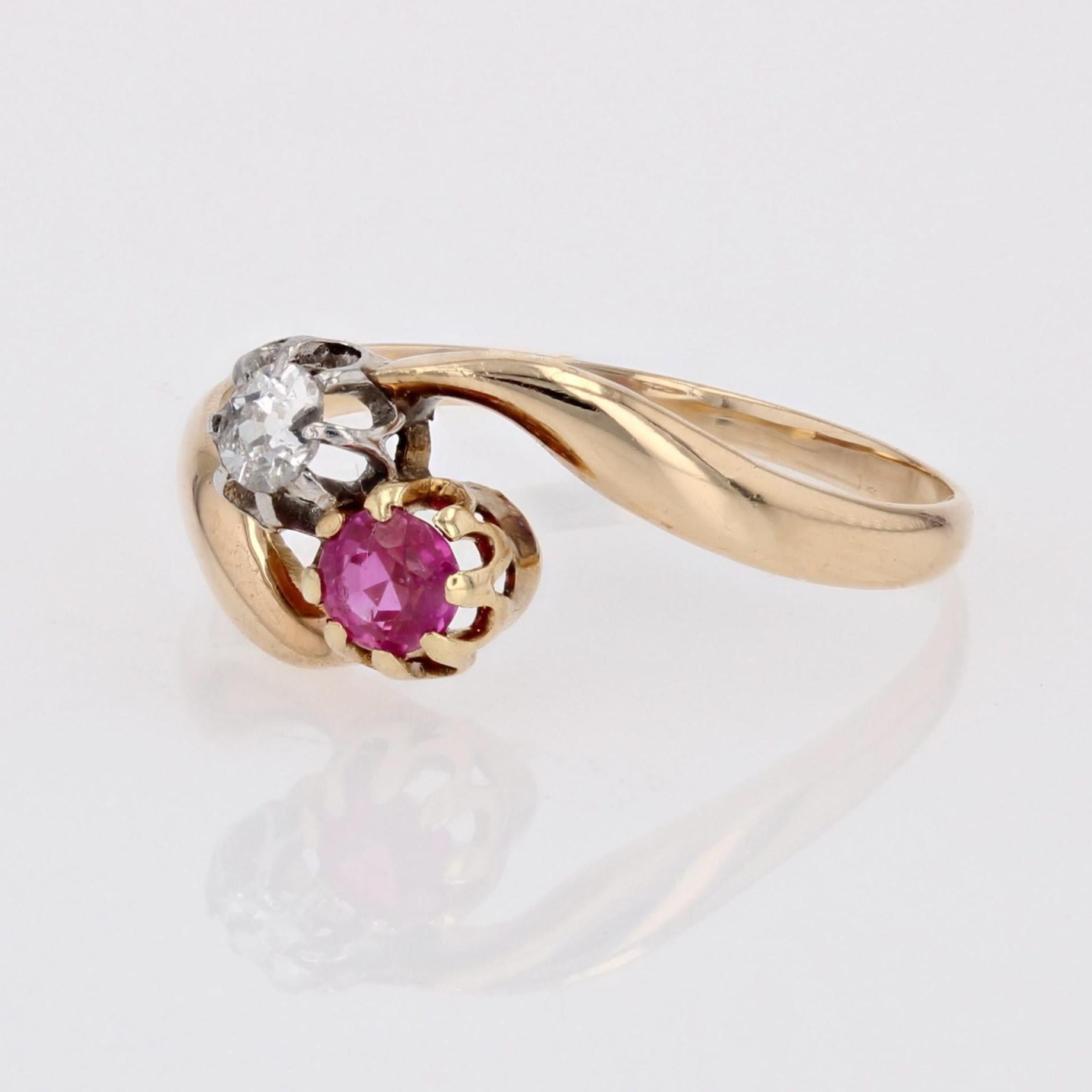 Belle Époque 20th Century Ruby Diamond 18 Karat Yellow Gold You and Me Ring For Sale