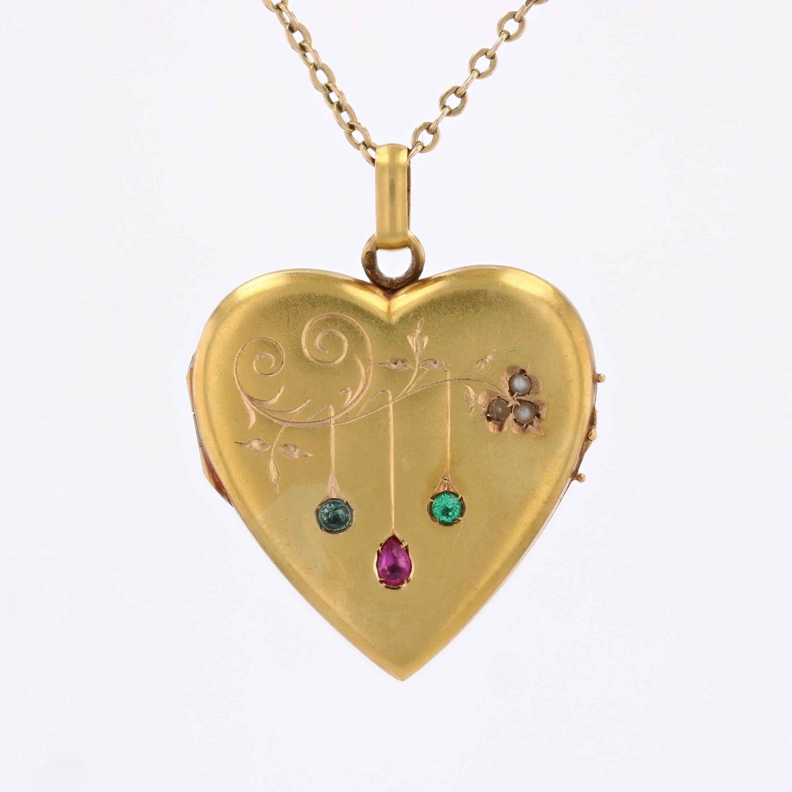 Pendentif coeur du 20ème siècle en or jaune 18K, rubis, émeraude, saphir et perle en vente 6