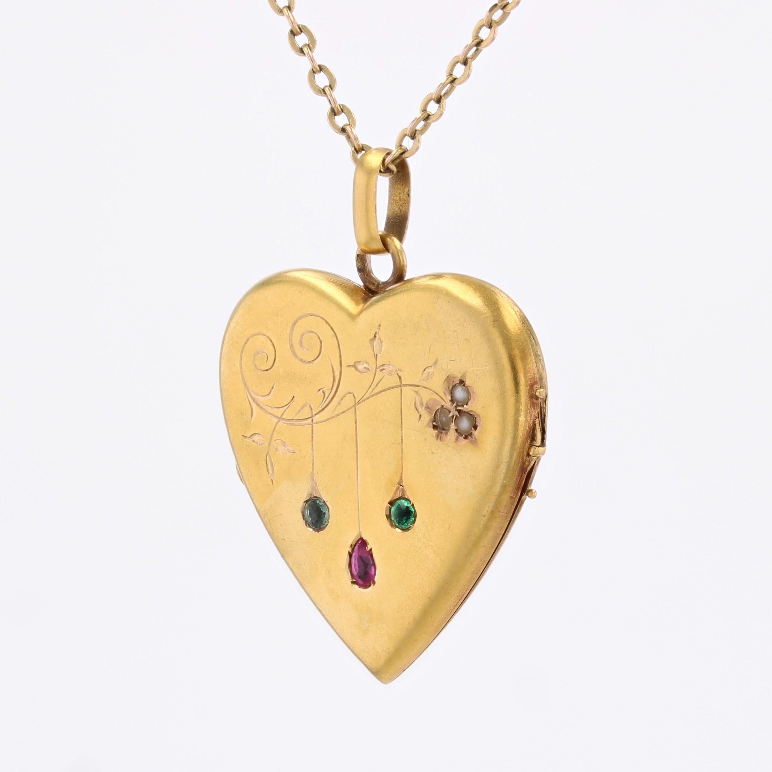 Pendentif coeur du 20ème siècle en or jaune 18K, rubis, émeraude, saphir et perle Bon état - En vente à Poitiers, FR