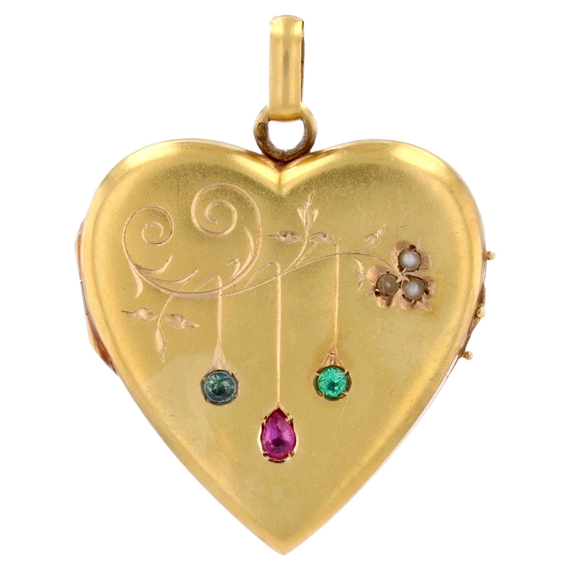 20th Century Ruby Emerald Sapphire Pearl 18K Yellow Gold Heart Locket Pendant