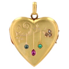 20th Century Ruby Emerald Sapphire Pearl 18K Yellow Gold Heart Locket Pendant