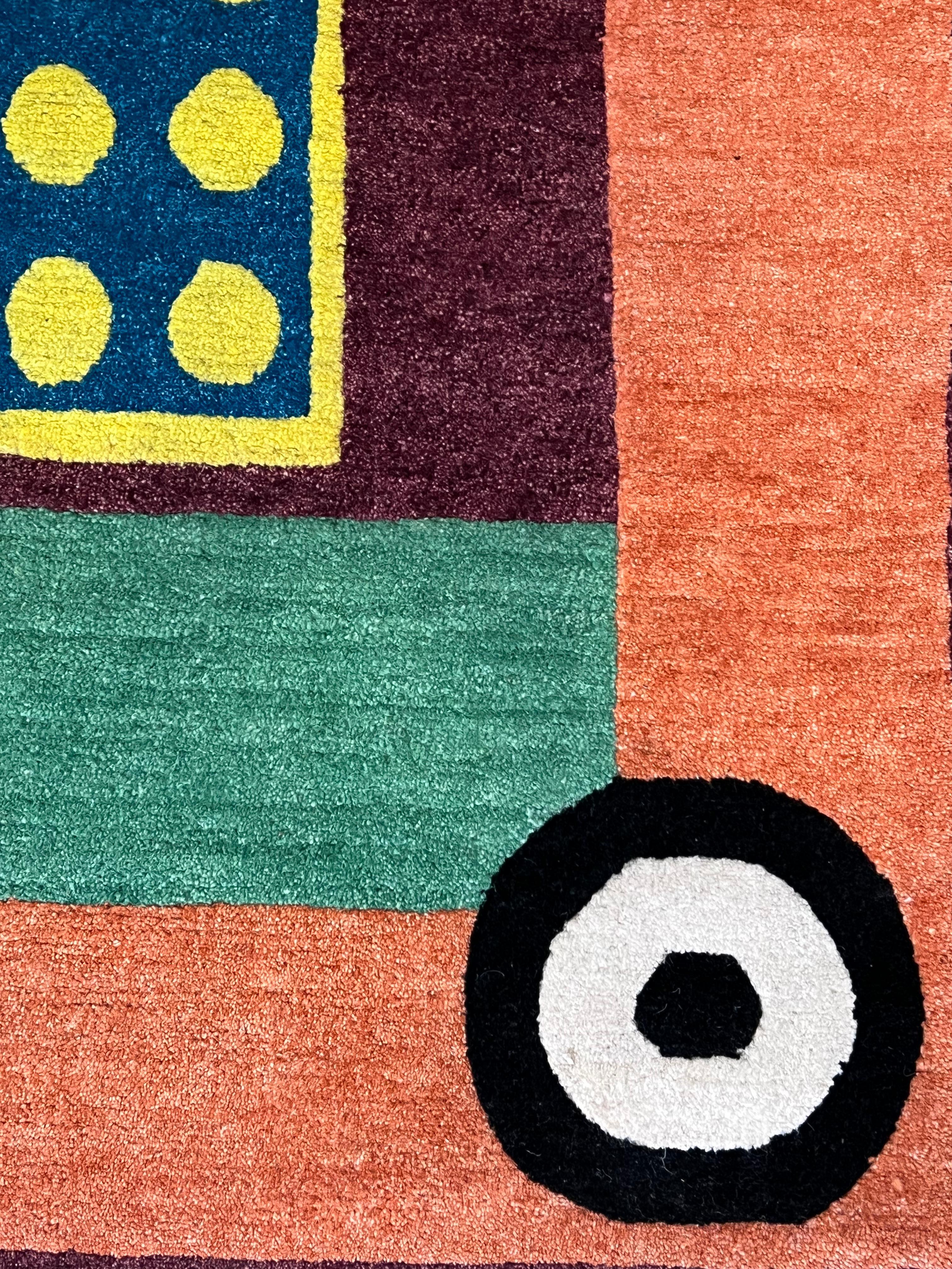 Hand-knotted carpet in Nepal, published by Galleria Post Desig in Milan and designed by Nathalie Du Pasquier. Number 12 of a limited production of 36 pieces that appears in the catalog Collection of carpets 